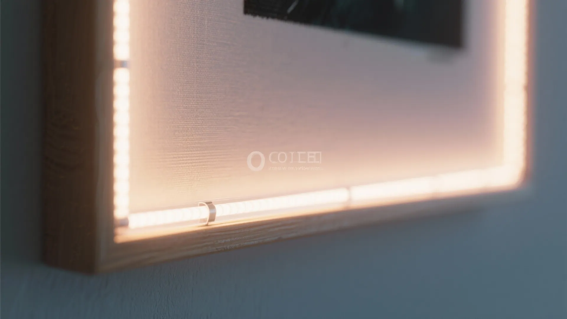 Close up view of LED strip light installed behind a wooden picture frame on wall