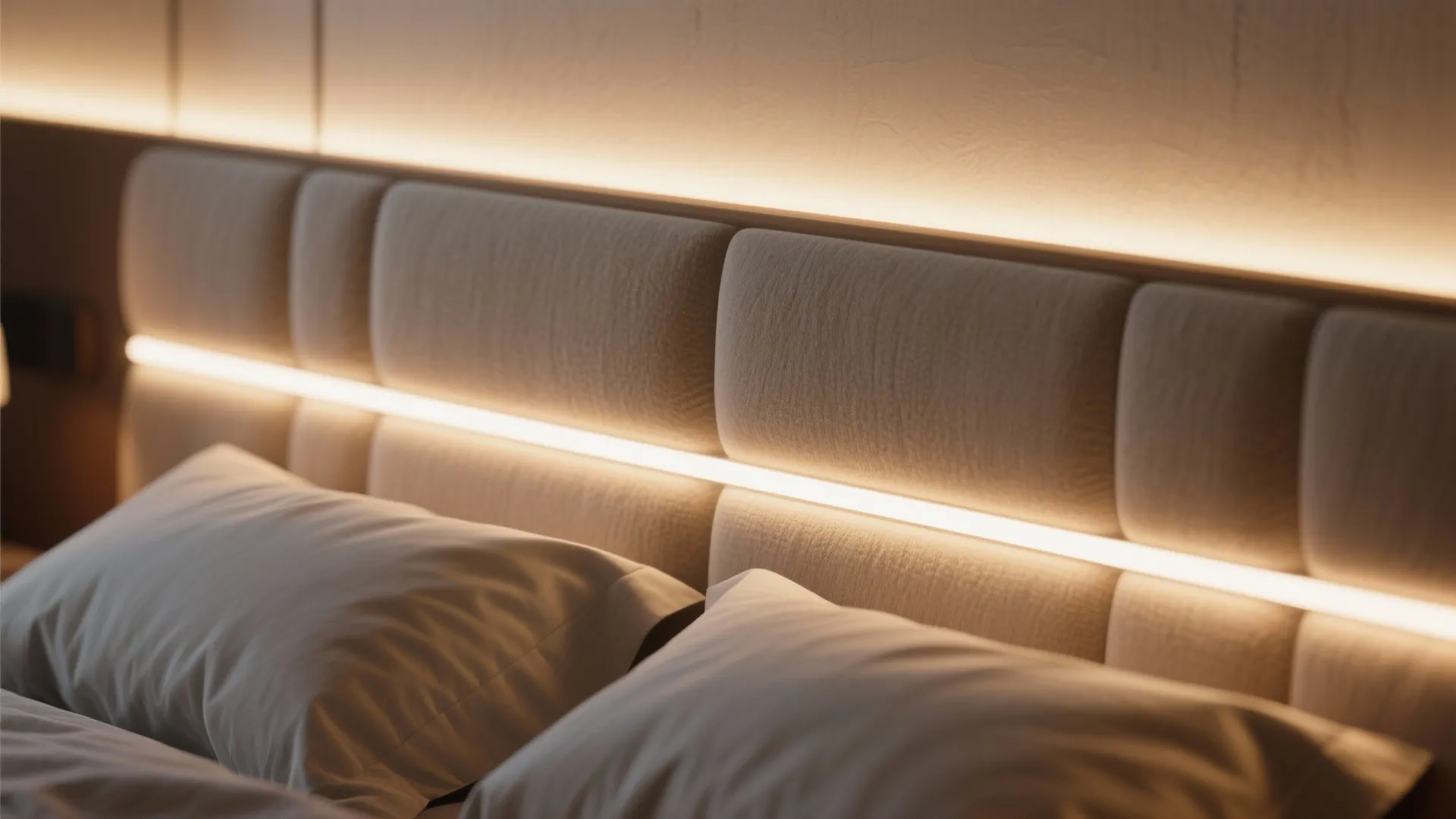 Close up of a modern fabric headboard with integrated warm light strips and white pillows