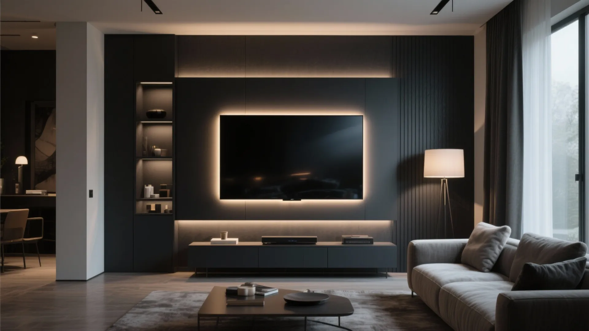 TV with soft LED backlighting in modern living room