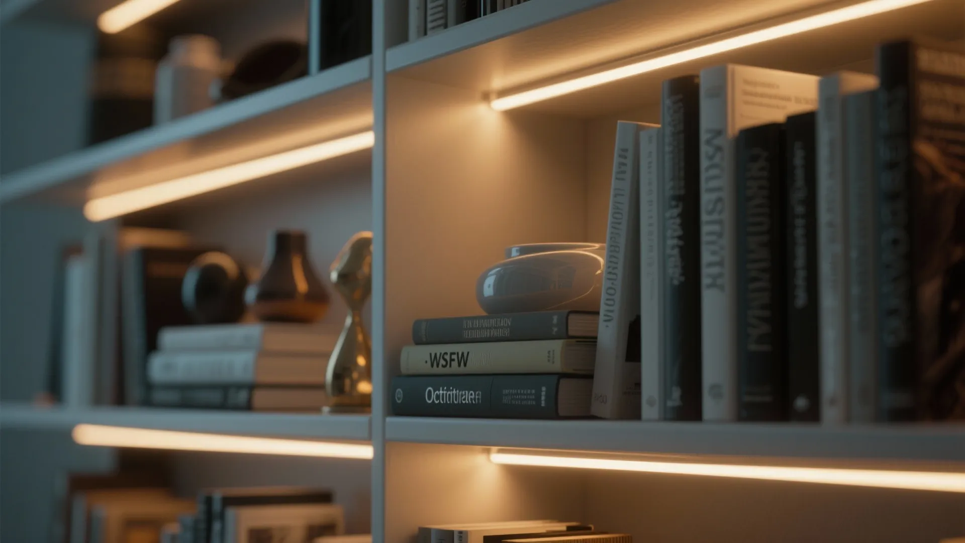 White bookshelf with warm light strip highlighting many stacked books and small round decorative items
