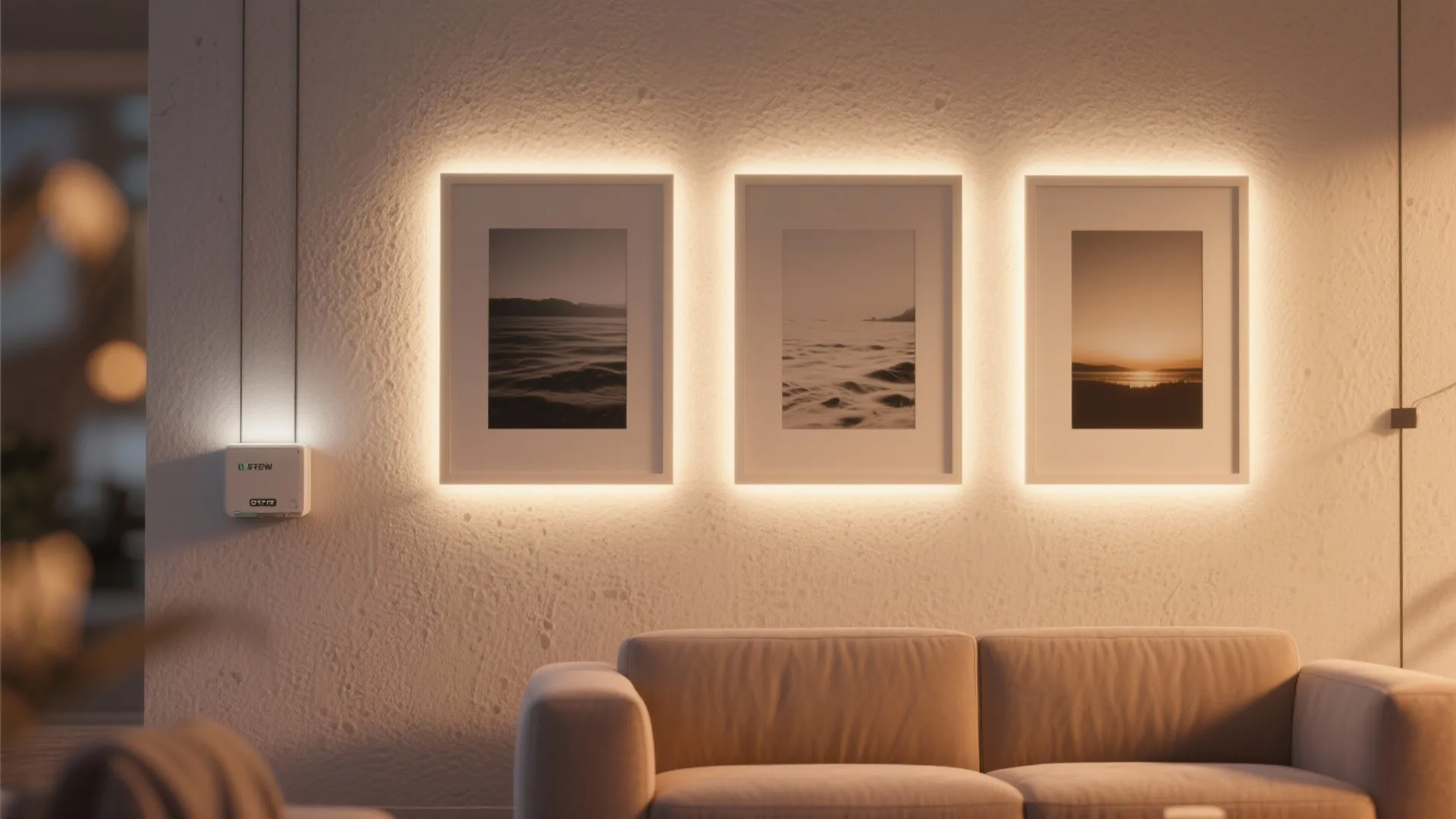 Three framed art pictures with warm wall backlighting above a beige sofa in cozy room