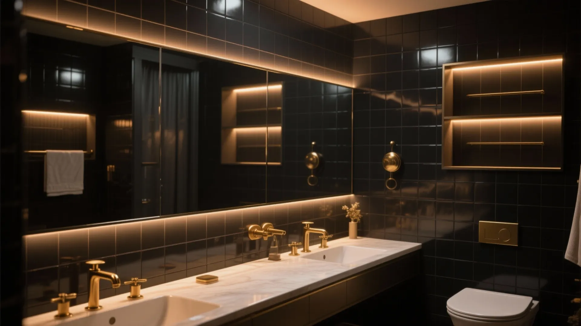 5. Black tiles with integrated lighting for cinematic effect