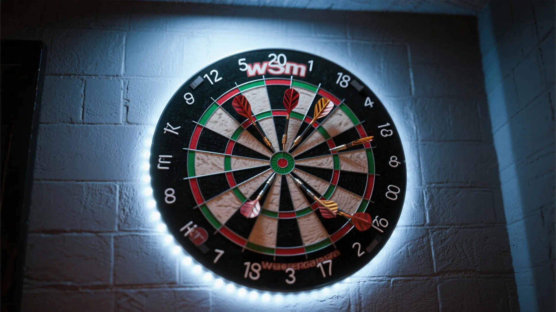 Professional dartboard with white LED light ring and darts mounted on a textured brick wall