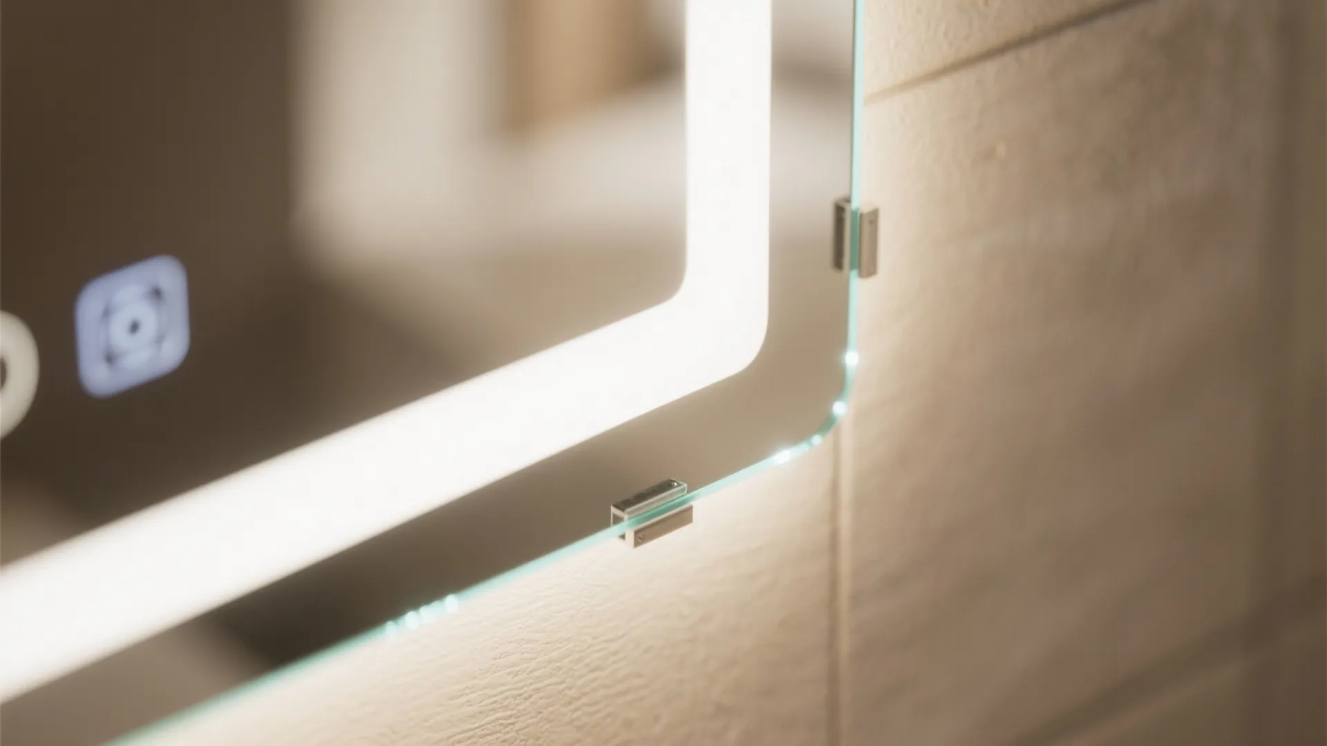Close up view of a modern wall mirror with built in light and metal clips