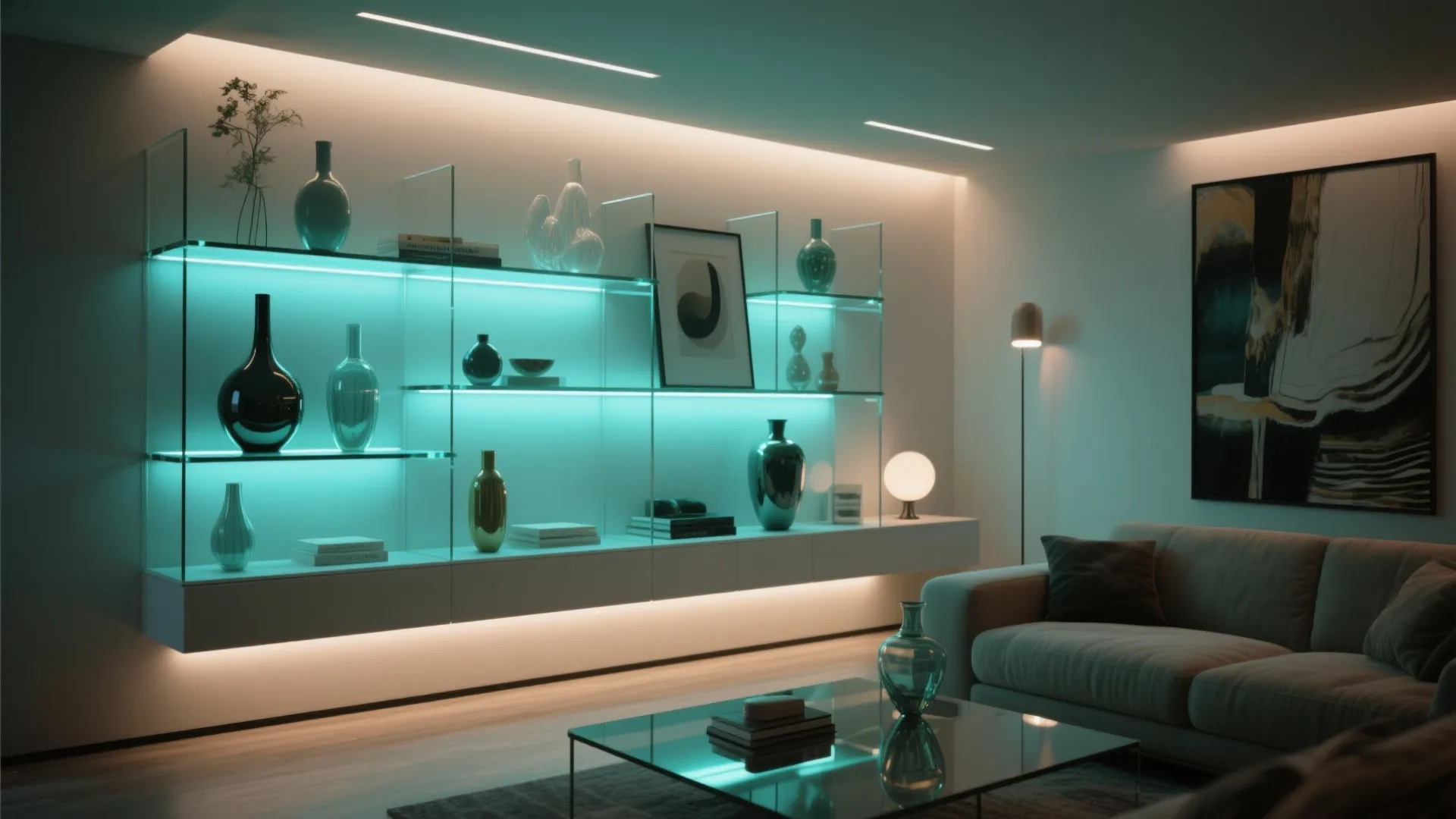 LED-backlit glass shelves showcasing art and vases in modern living room