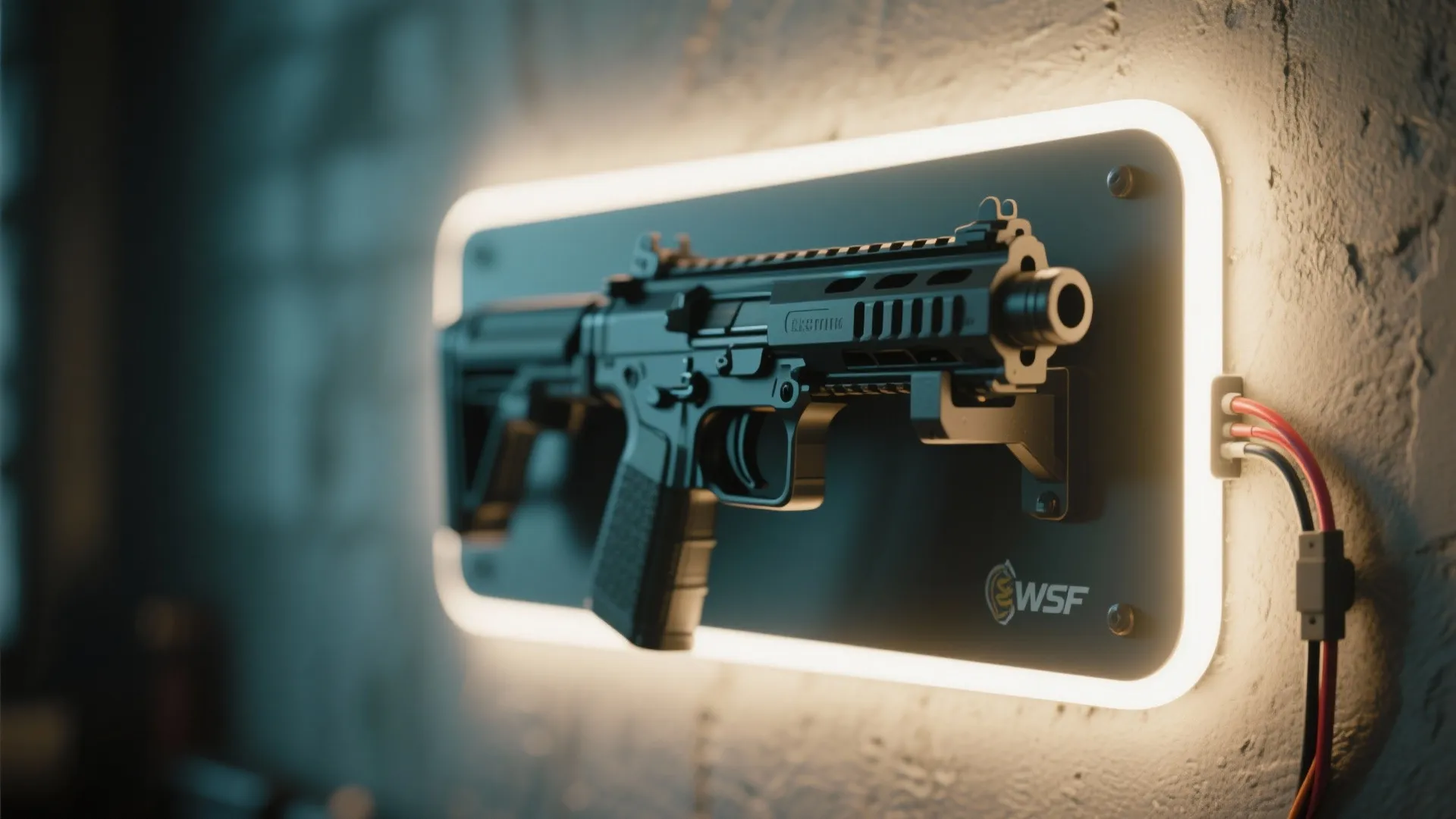 Wall mounted gun display featuring a bright light fixture border on a textured grey wall