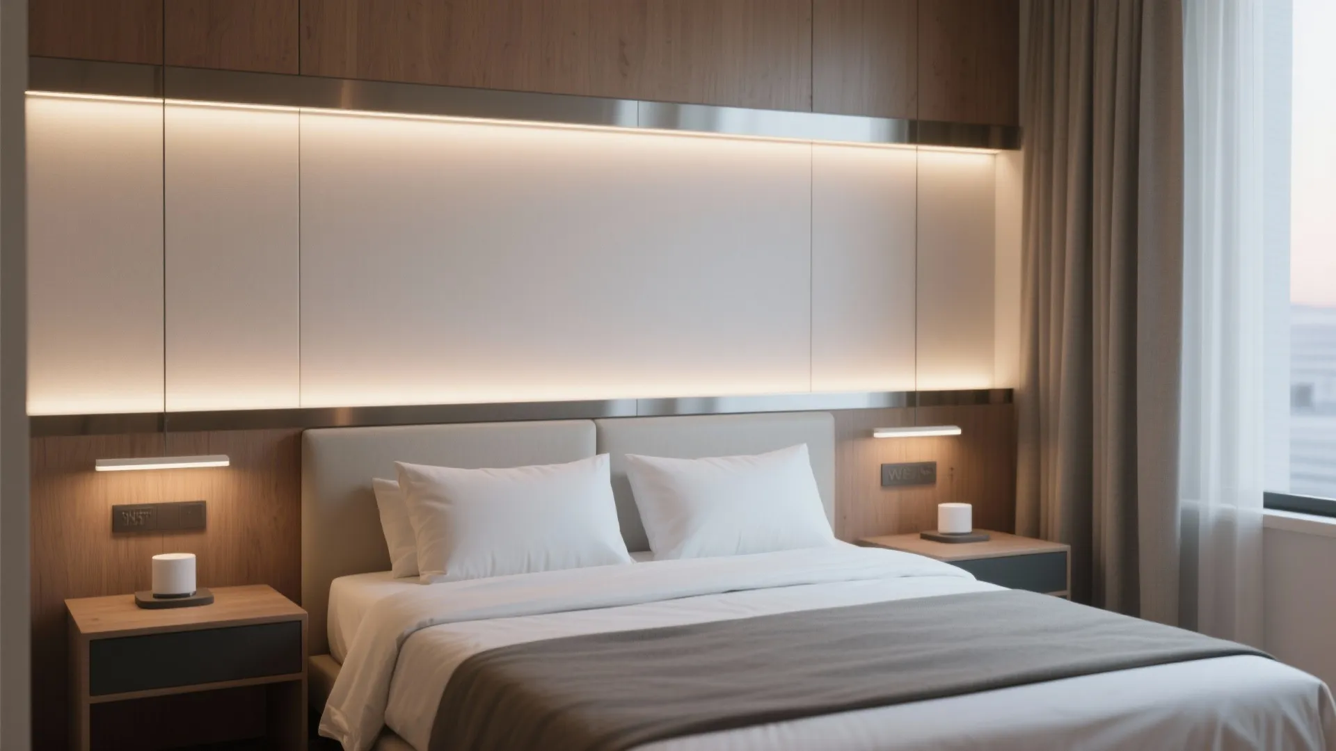 Modern bedroom featuring white pillows and brown blanket with warm light panel behind wooden headboard