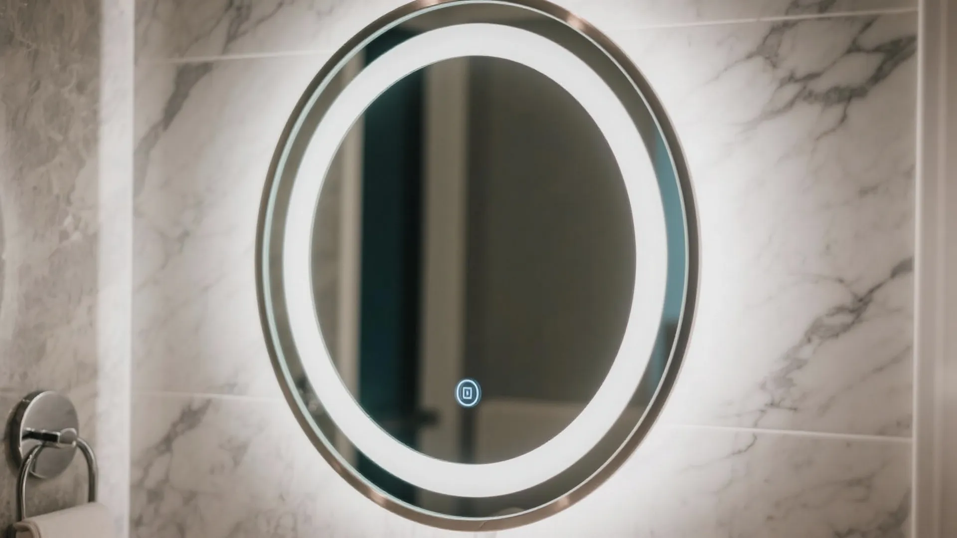 Round bathroom mirror with built-in circular light ring mounted on a white marble tiled wall