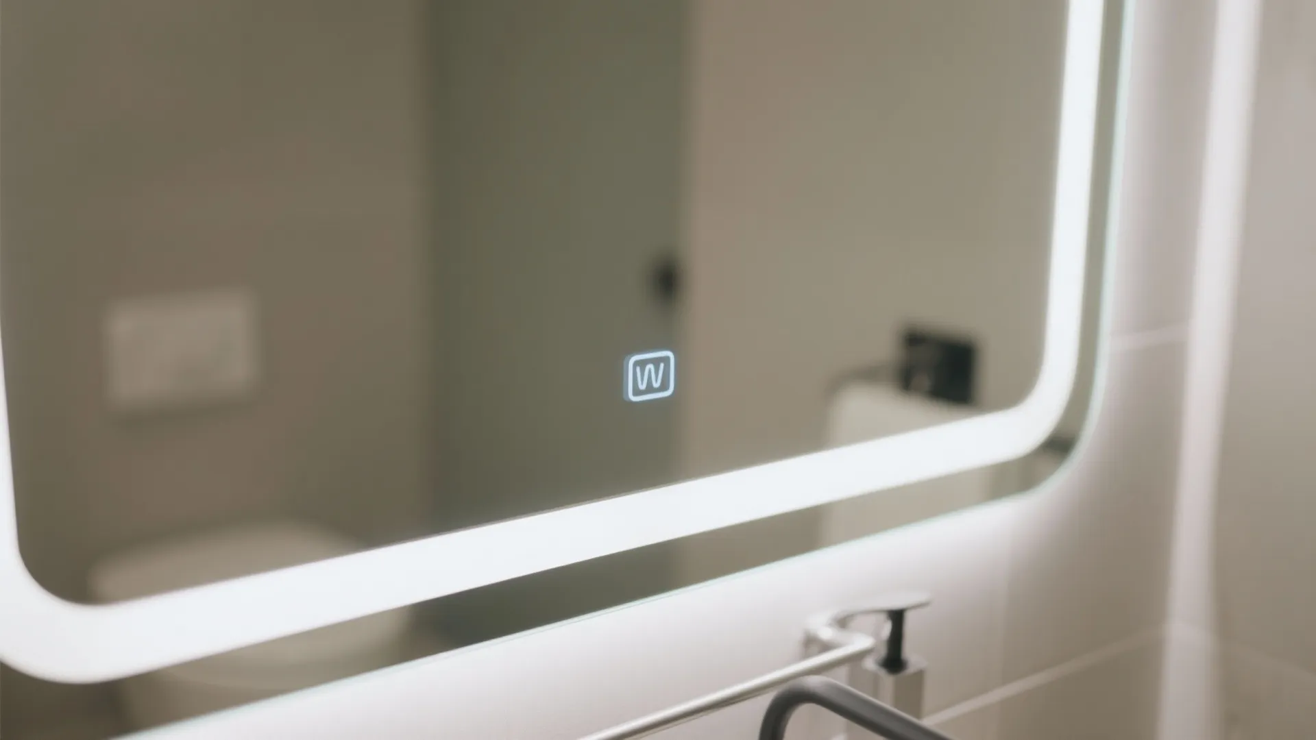 Close up of a modern bathroom mirror with built-in led light strips and touch sensor