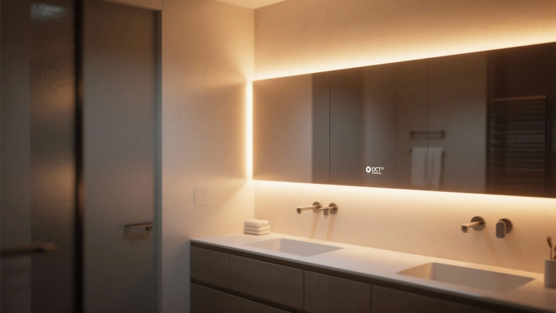 Modern bathroom mirror with warm LED backlighting