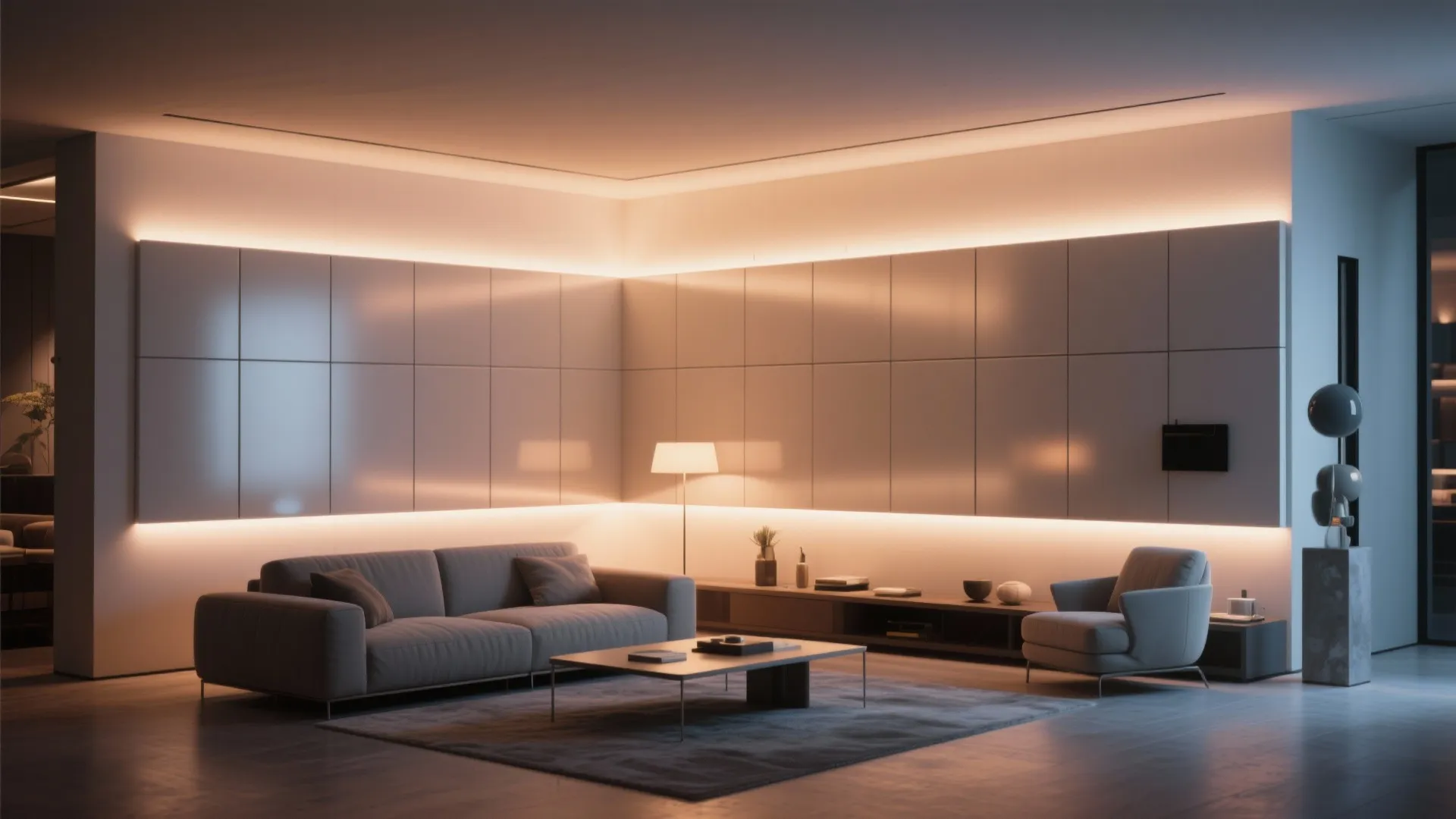 Minimalist living room with white wall panel design featuring integrated warm light fixture for soft lighting