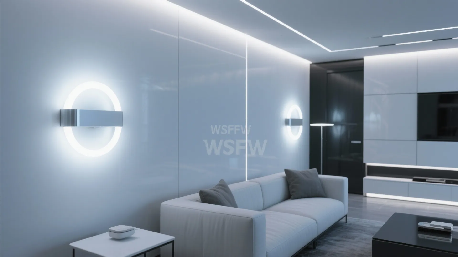 Modern white living room featuring circular wall light fixtures grey sofa and clean minimalist furniture