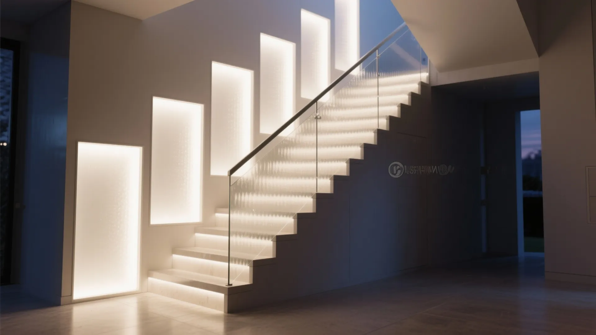 Modern white staircase featuring glowing light strips on steps and large illuminated panels on wall