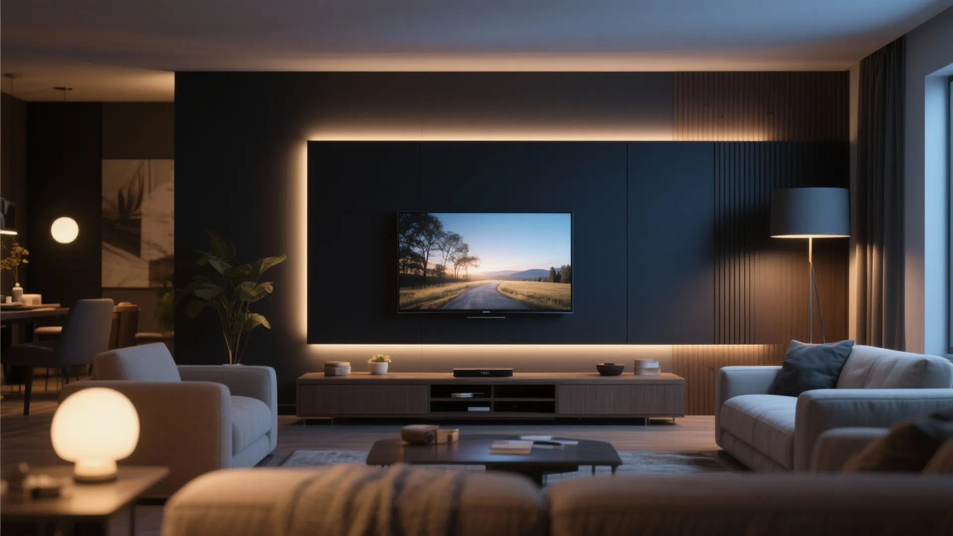 Dark modern living room with television mounted on a black wall featuring glowing orange lights