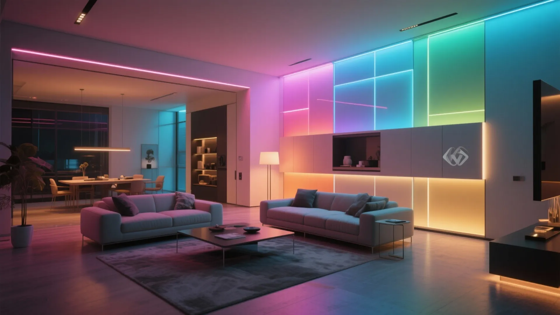 LED backlit wall panels in a modern living room
