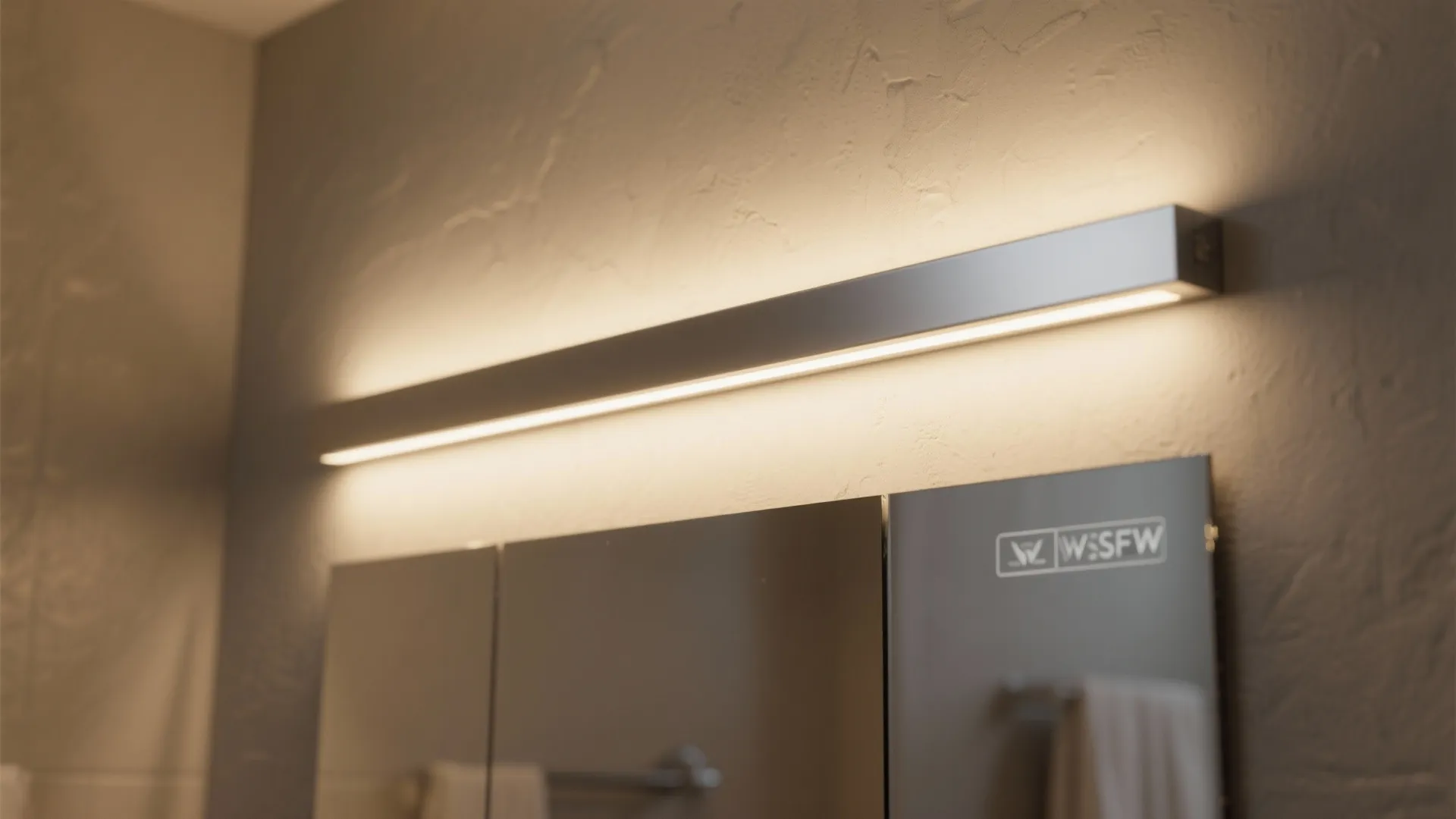 Close up of long horizontal light fixture mounted on textured wall above bathroom mirror cabinet
