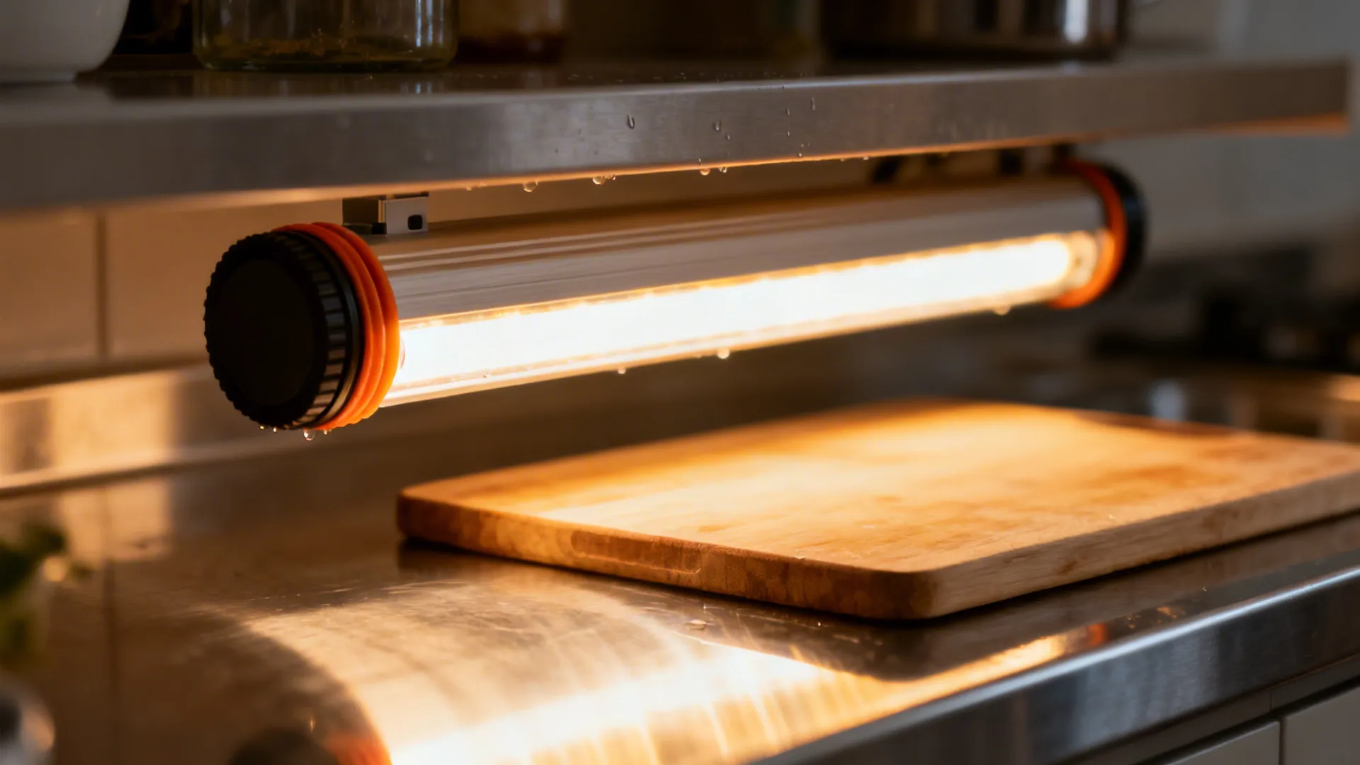 Macro of a sealed IP65 LED bar casting warm light onto a stainless work surface.