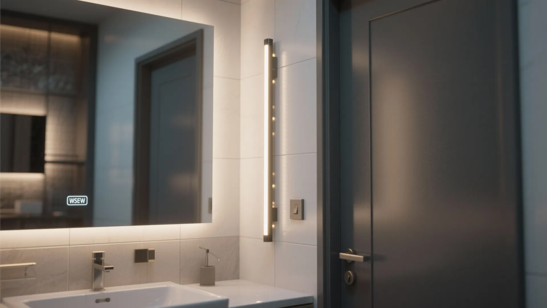 Modern vertical wall light fixture next to a bathroom mirror and a dark grey door