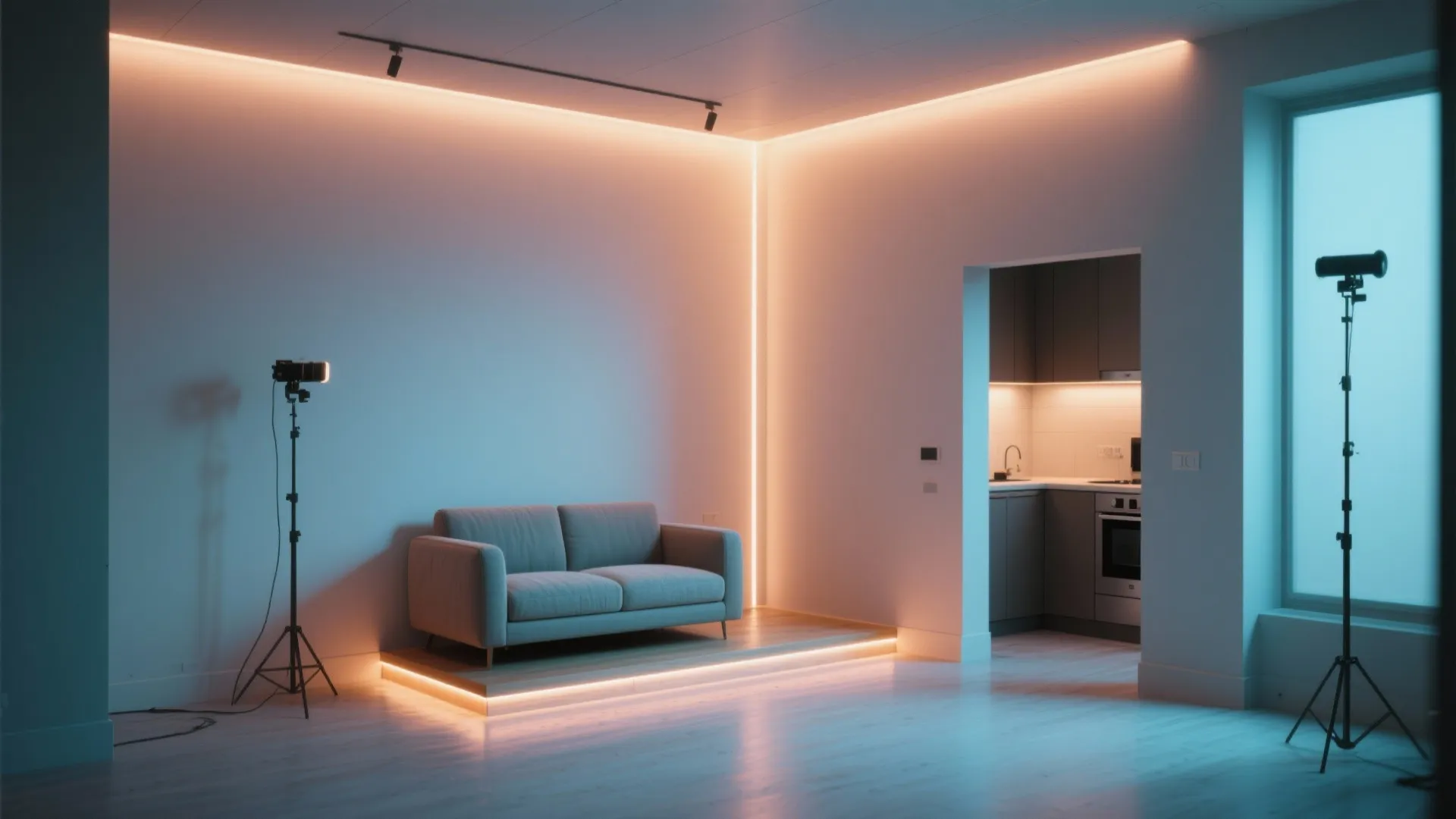 Modern room with grey sofa warm light strips on wall and baseboard plus kitchen view