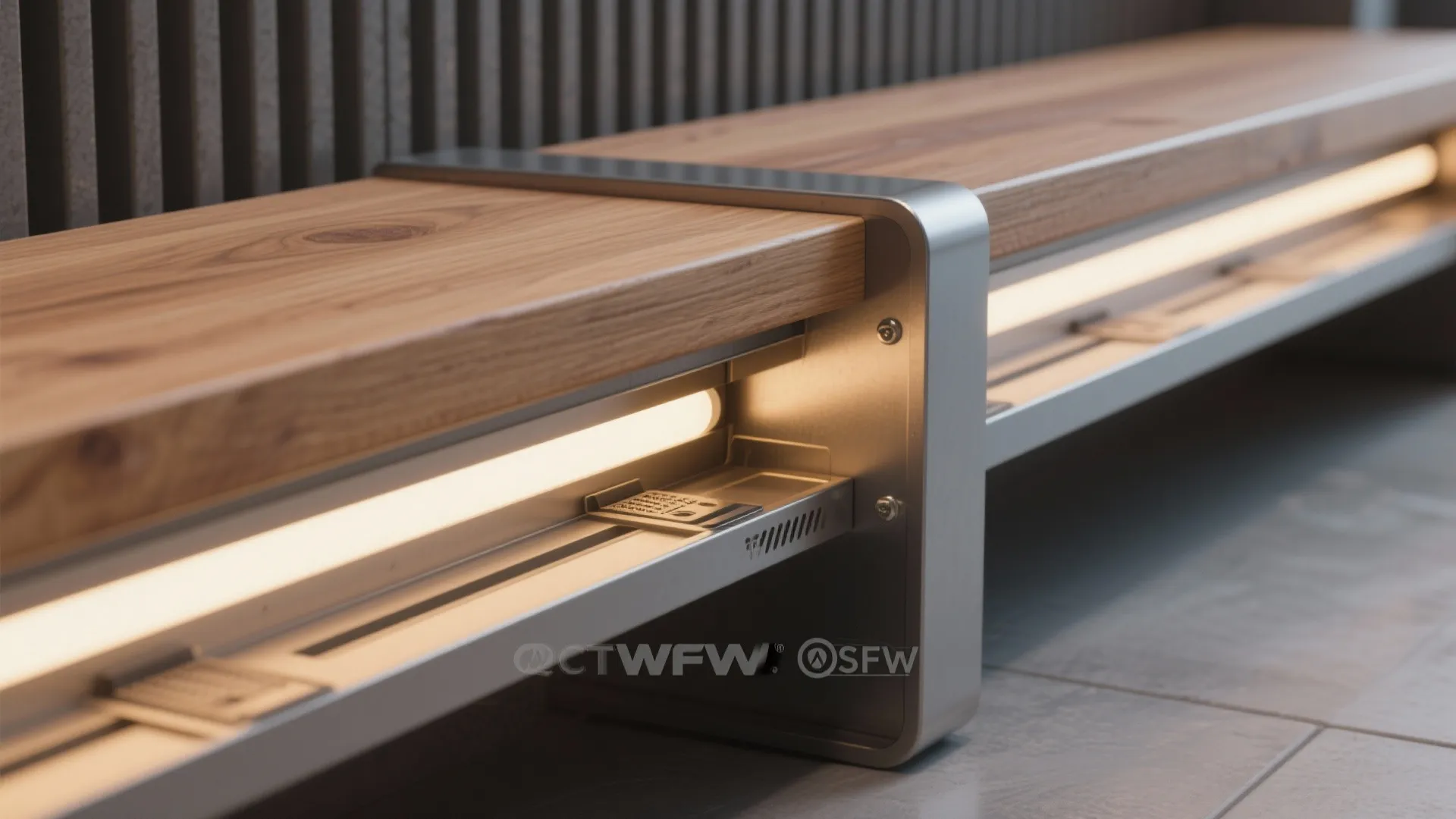 Modern outdoor wooden bench featuring a metal frame and built in warm glow light strip