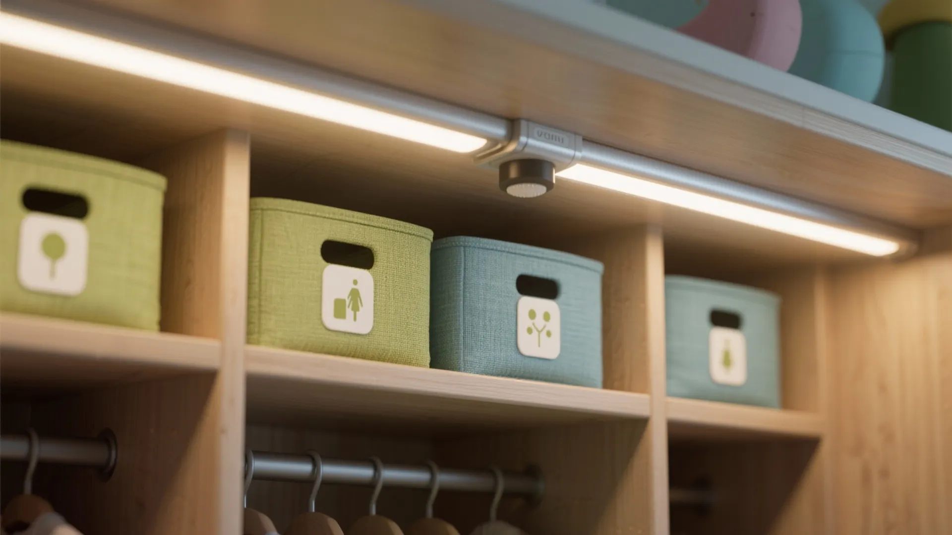 Long light fixture under a wooden shelf with green and blue fabric storage bins and clothes