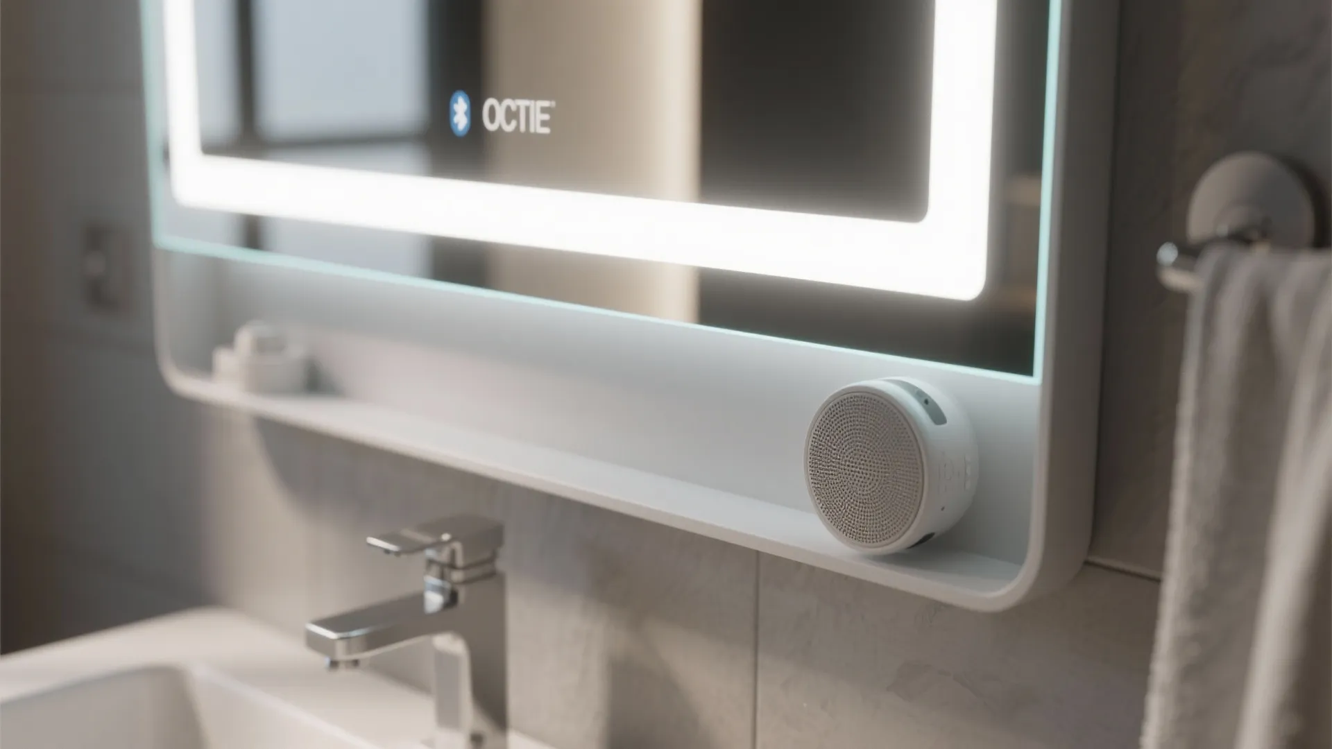Modern bathroom mirror with built in light and bluetooth speaker mounted above a white sink