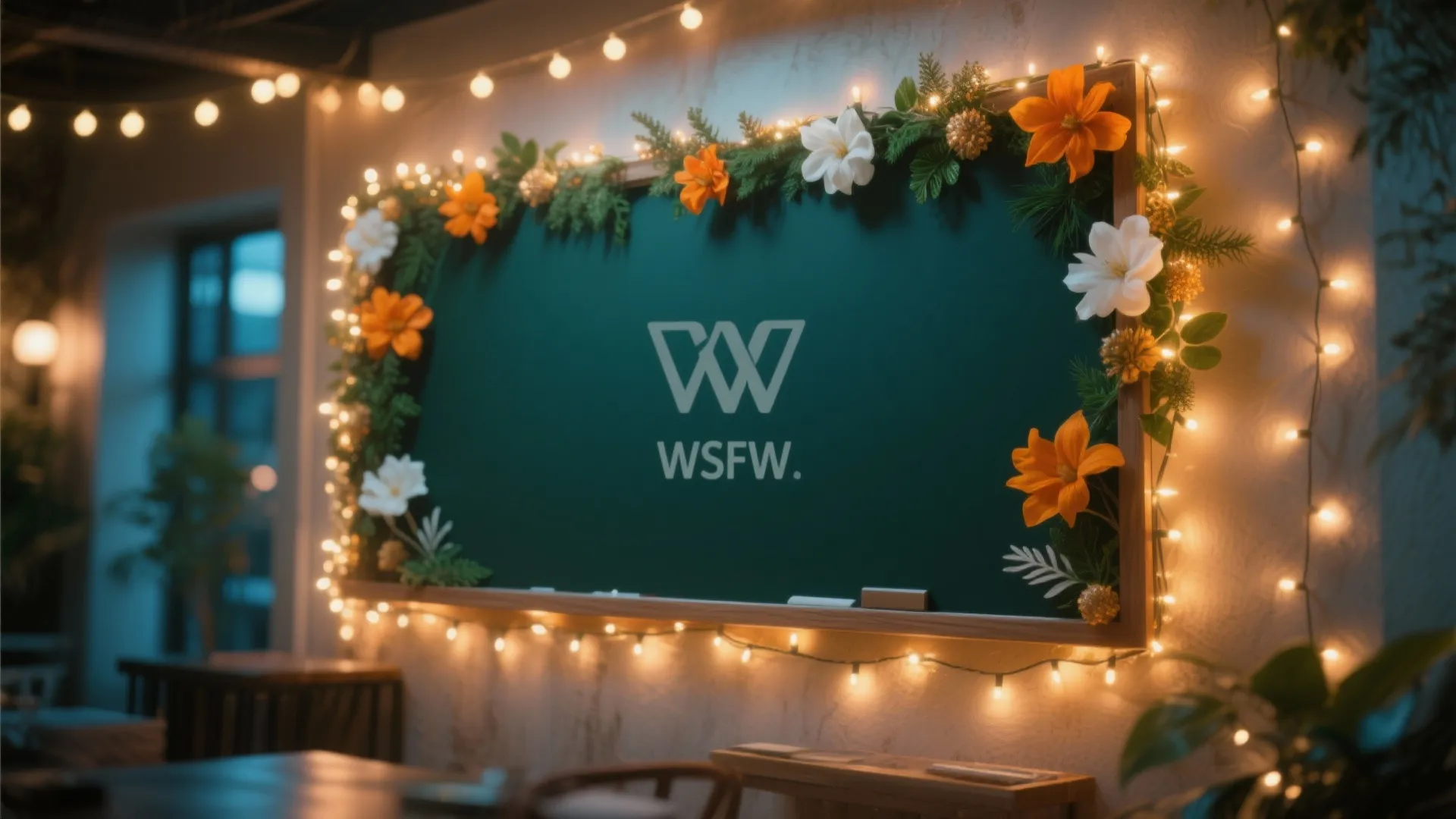 Green board with logo decorated with warm fairy lights white flowers and orange floral accents