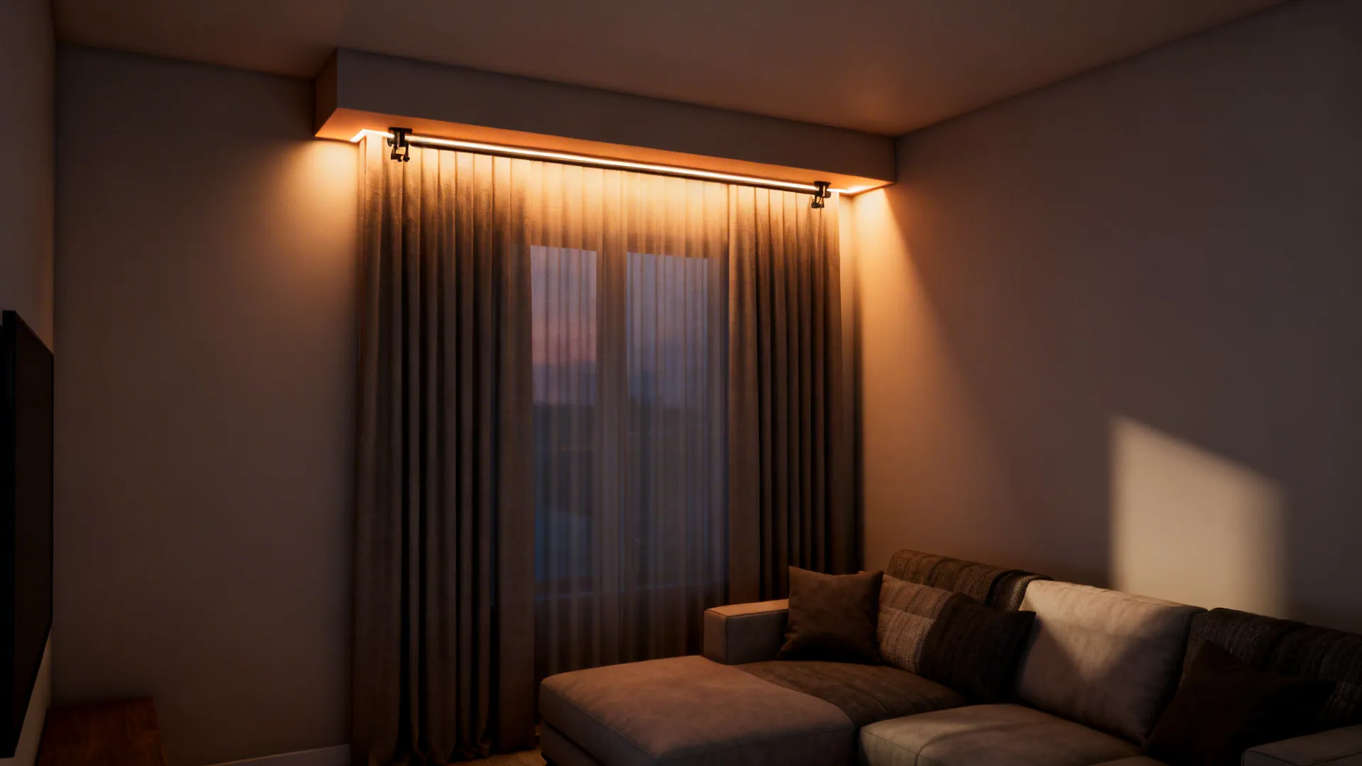 Small living room with a short boxed valance concealing a warm LED uplight for ambient evening glow.