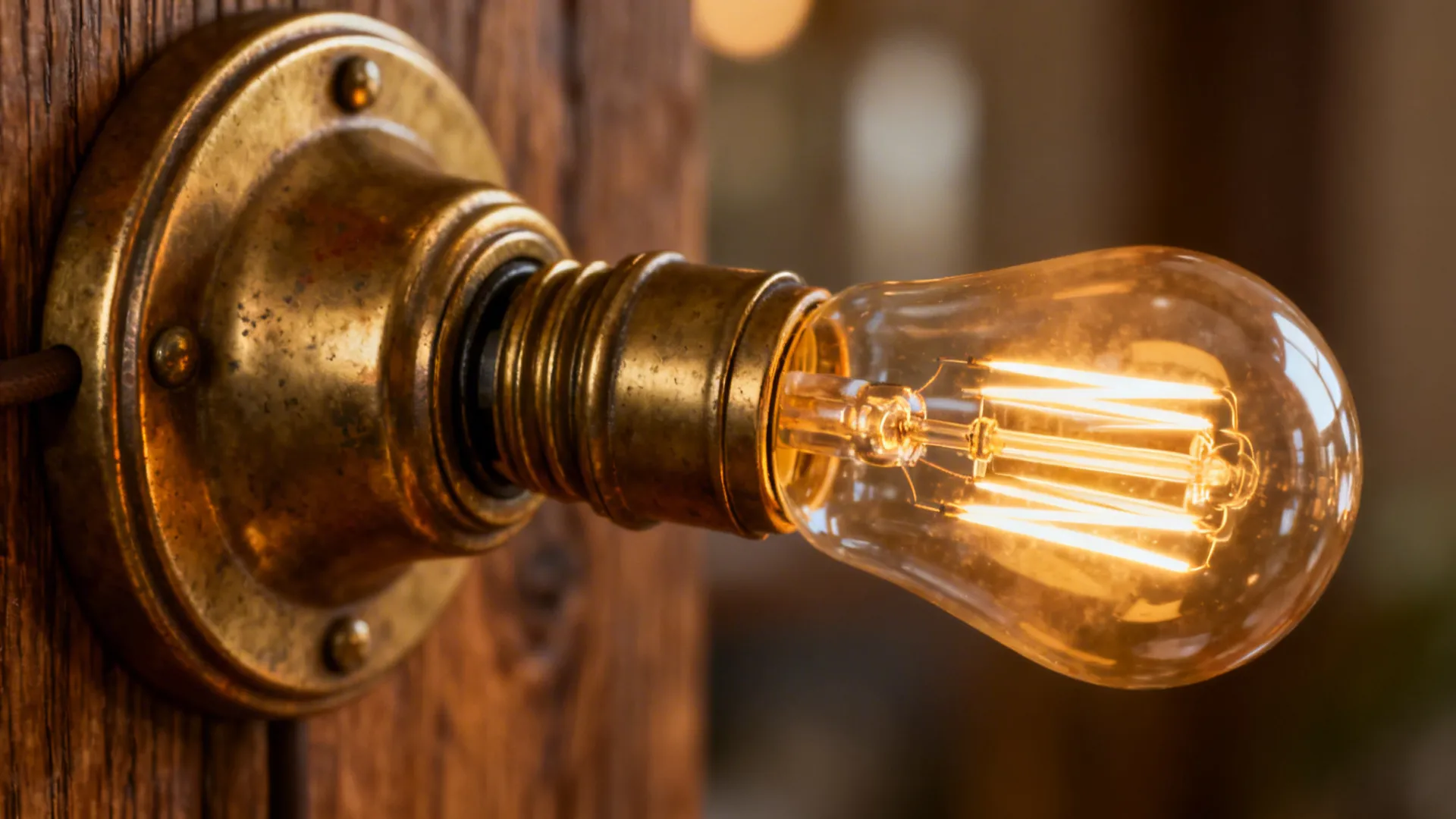 Warm 2700K LED bulb in a brass socket highlighting wood and metal finishes