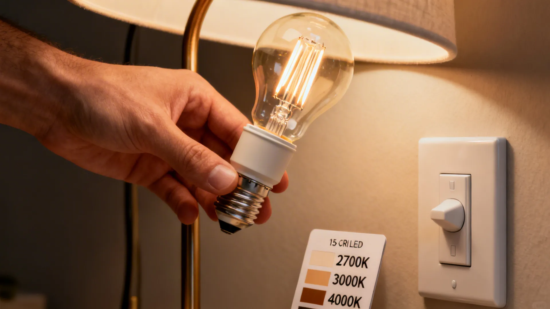 Hand installing a high-CRI LED bulb with a color temperature comparison card showing warm and cool swatches.