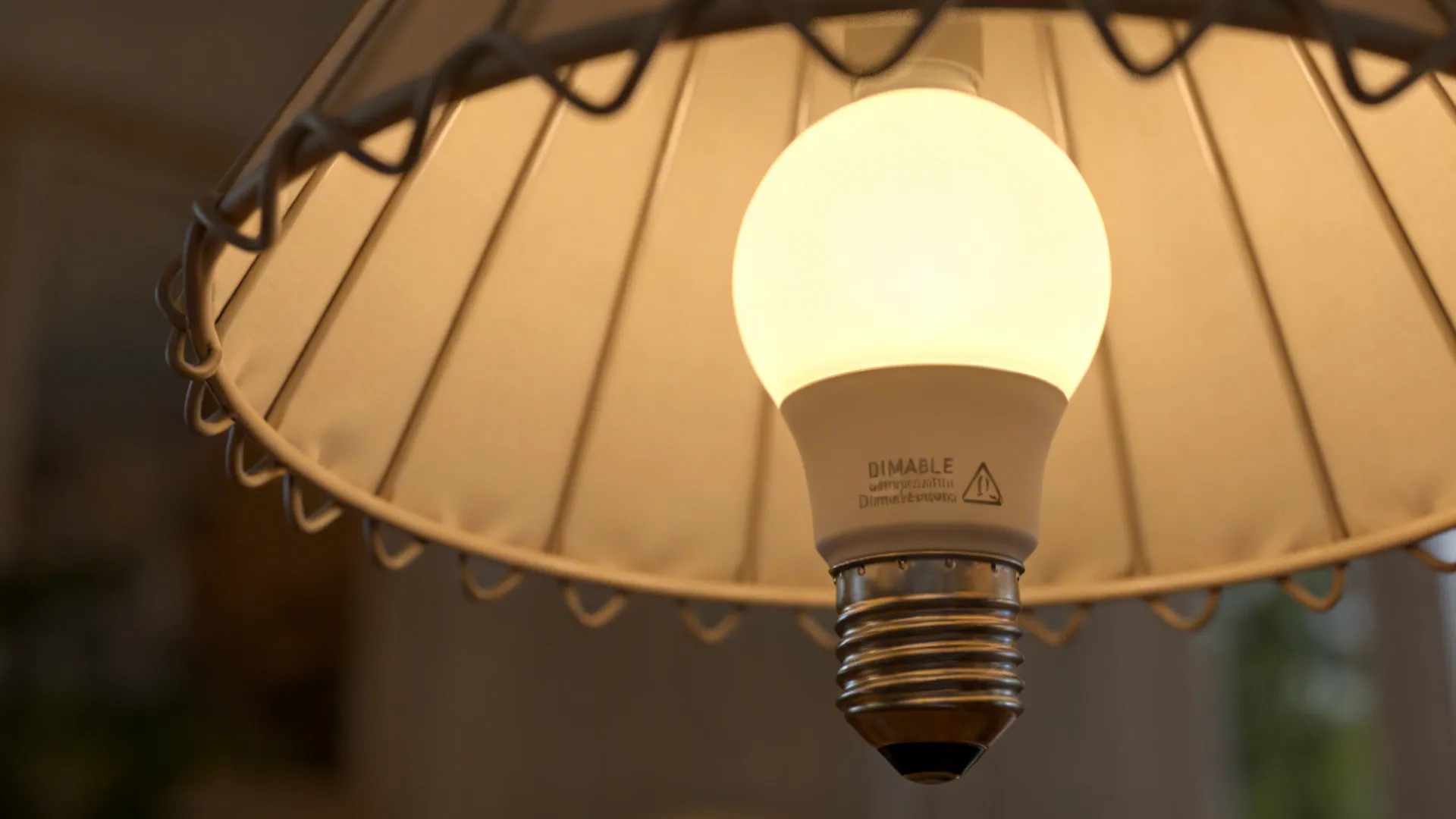 Close-up of a warm white dimmable LED bulb installed in a lamp.