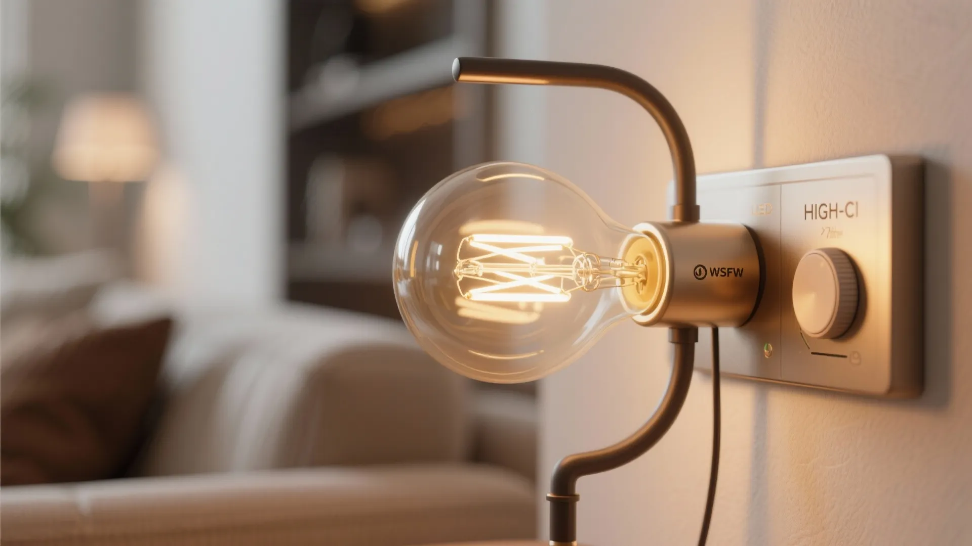 Close up of a clear light bulb and wall switch with a round light control