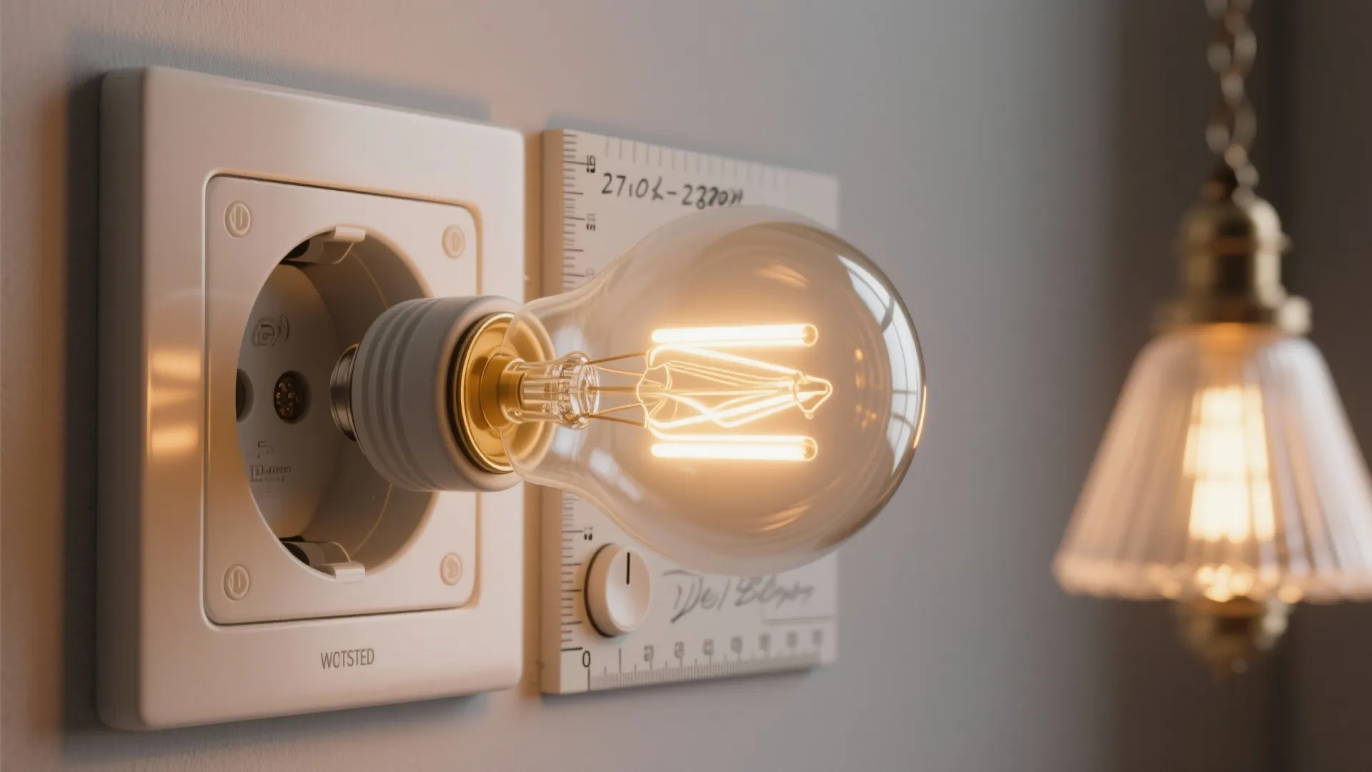 Warm LED bulb next to a dimmer switch and sizing notes for chandeliers