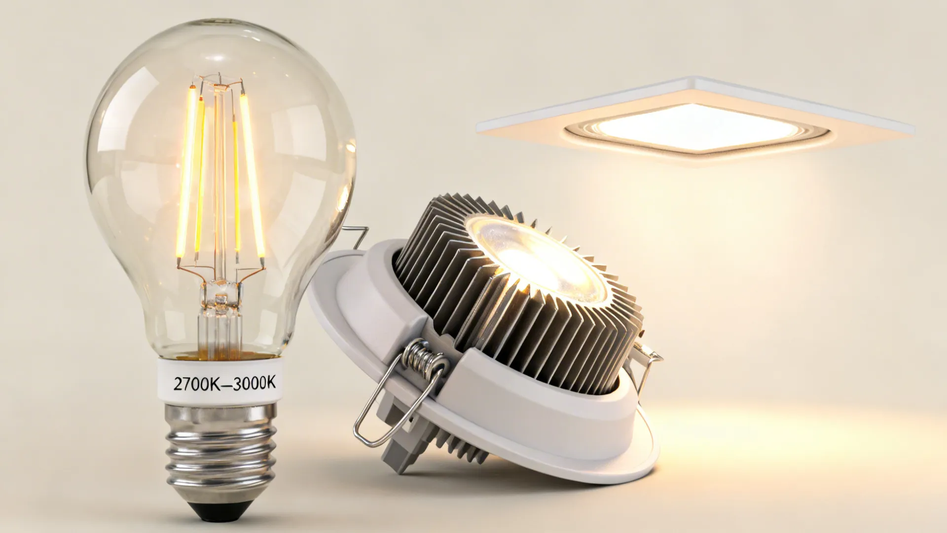 Dimmable warm LED bulbs and a low-profile recessed fixture sample illustrating best bulb choices for small living rooms.