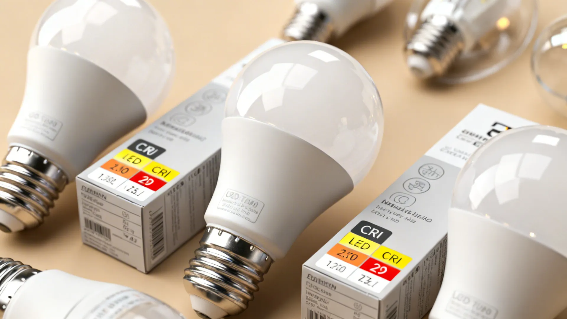 Close-up of LED bulbs labeled with lumens, wattage, CRI and color temperature.