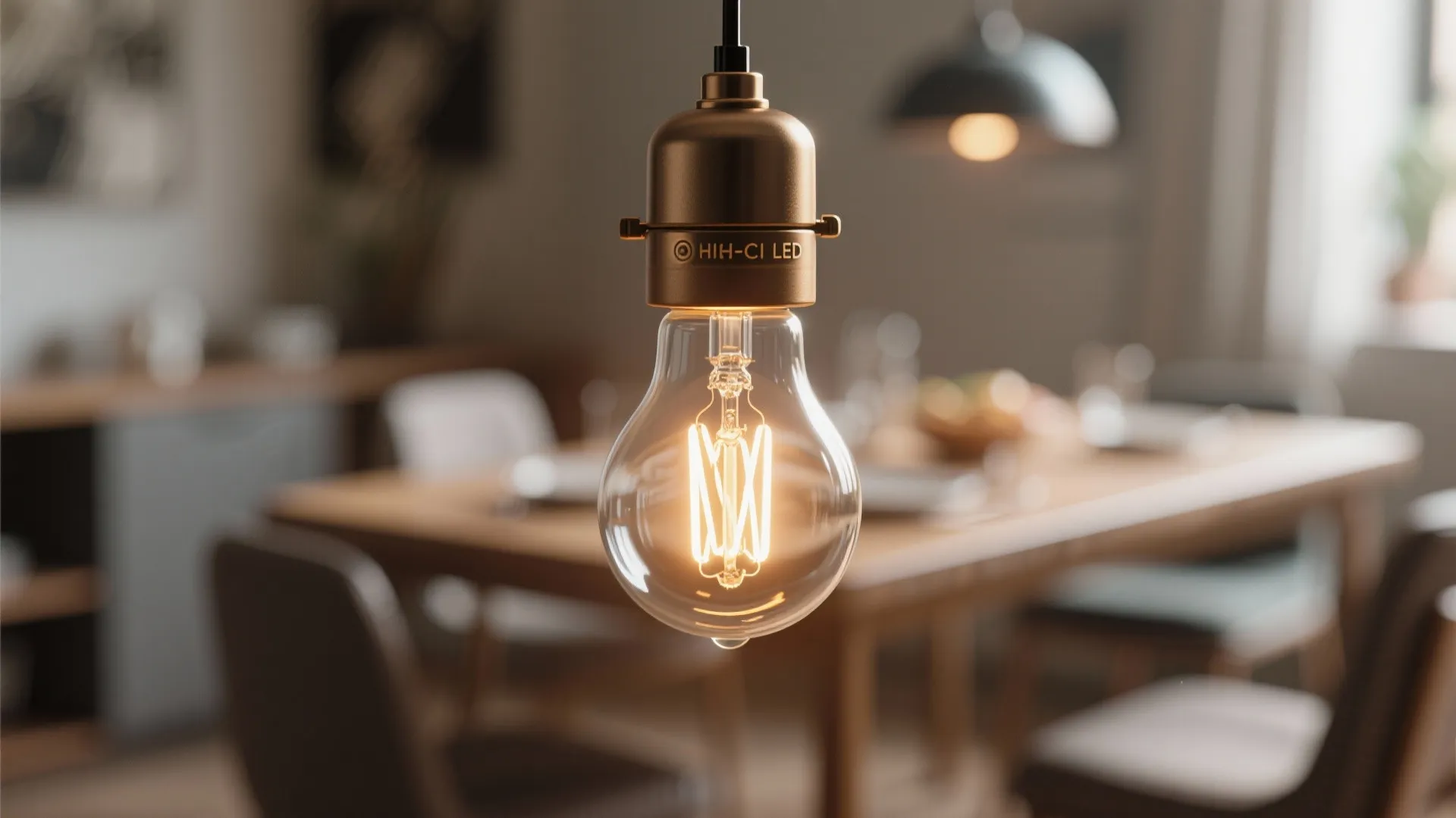 Close up of a clear glass light bulb with glowing filaments inside a bright room