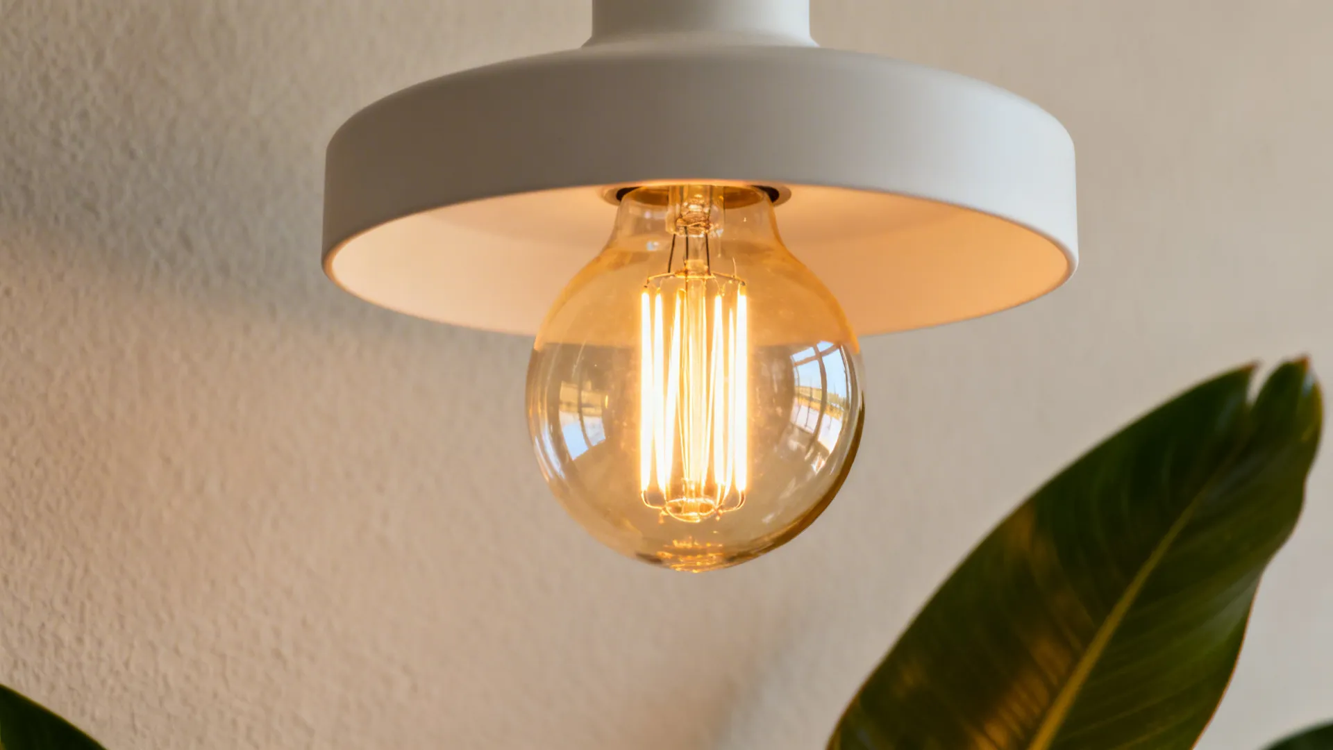Close-up of a warm LED bulb glowing in a simple fixture, casting a soft light on a neutral wall.