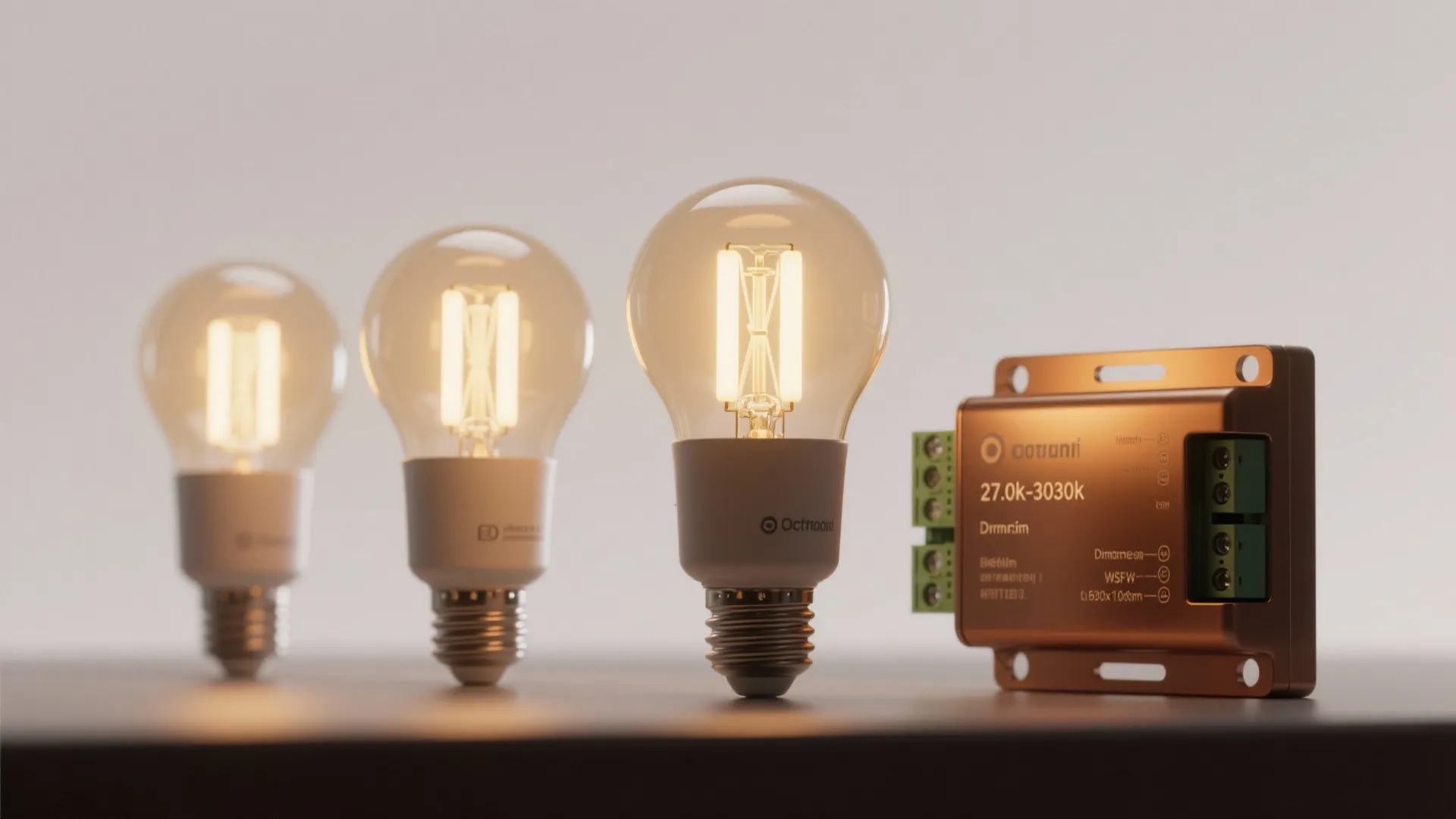 Three warm LED light bulbs standing next to a bronze dimmer controller on white tabletop