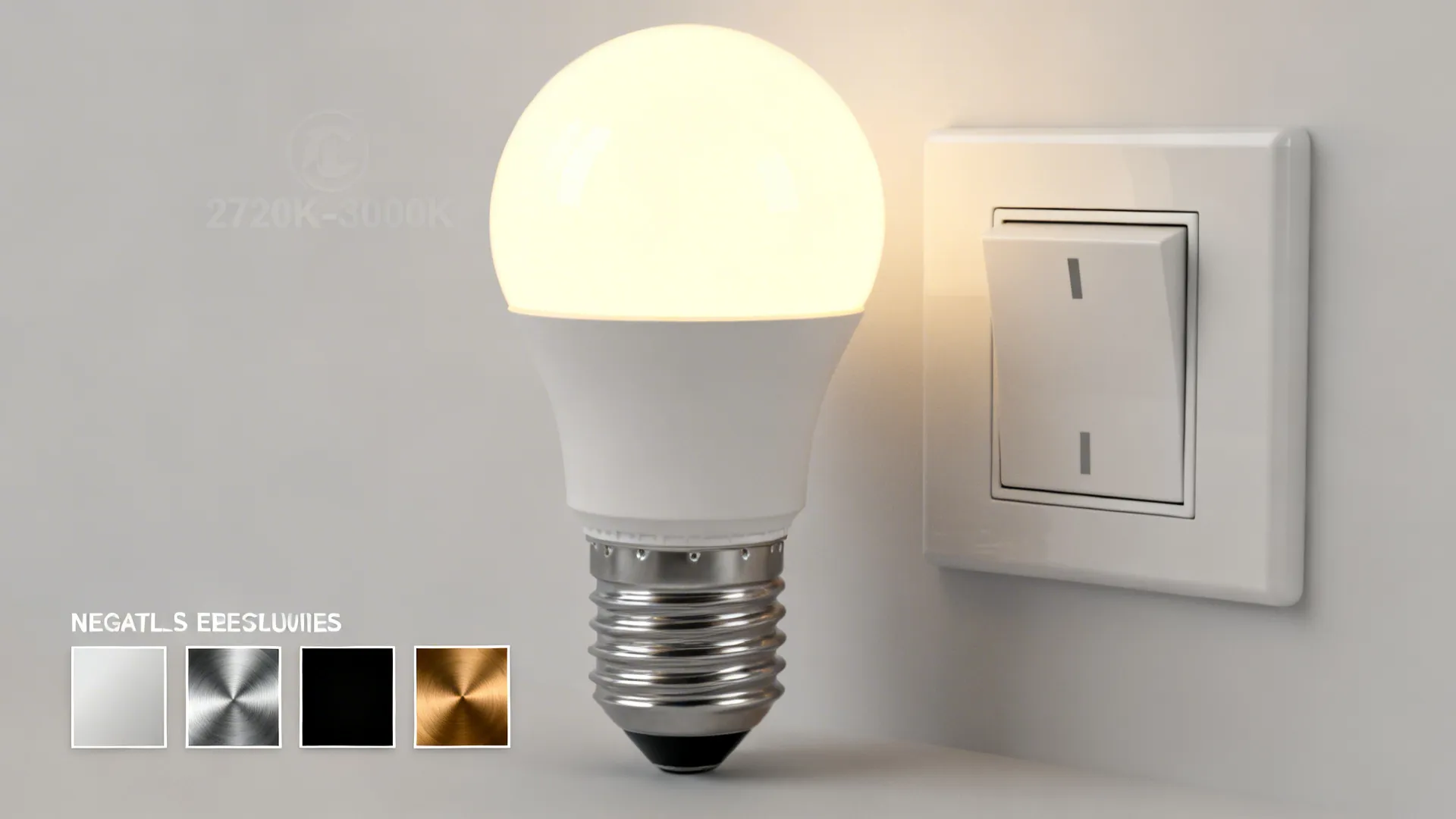 Glowing white led light bulb next to wall switch with four different metal finish color swatches