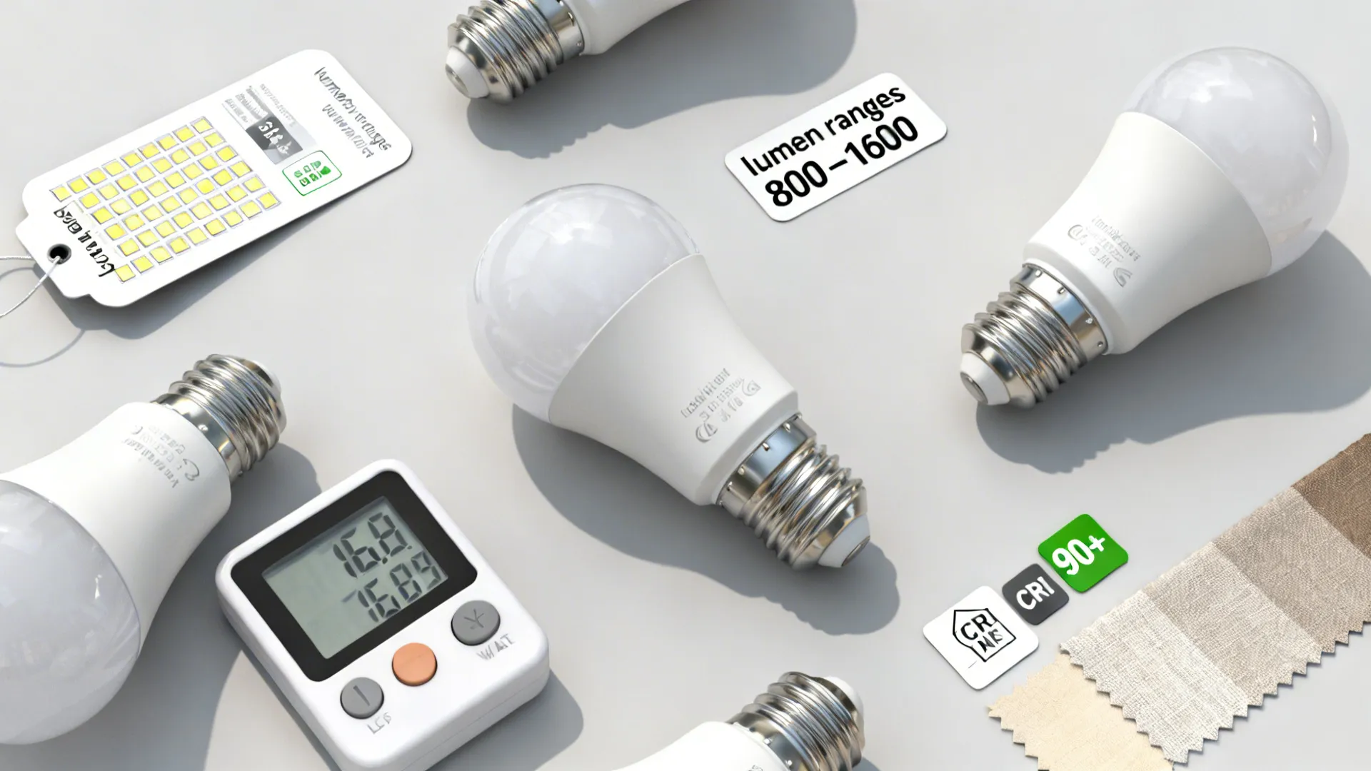 Flatlay of high-lumen LED bulbs, CRI 90+ labels and energy meter illustrating efficiency