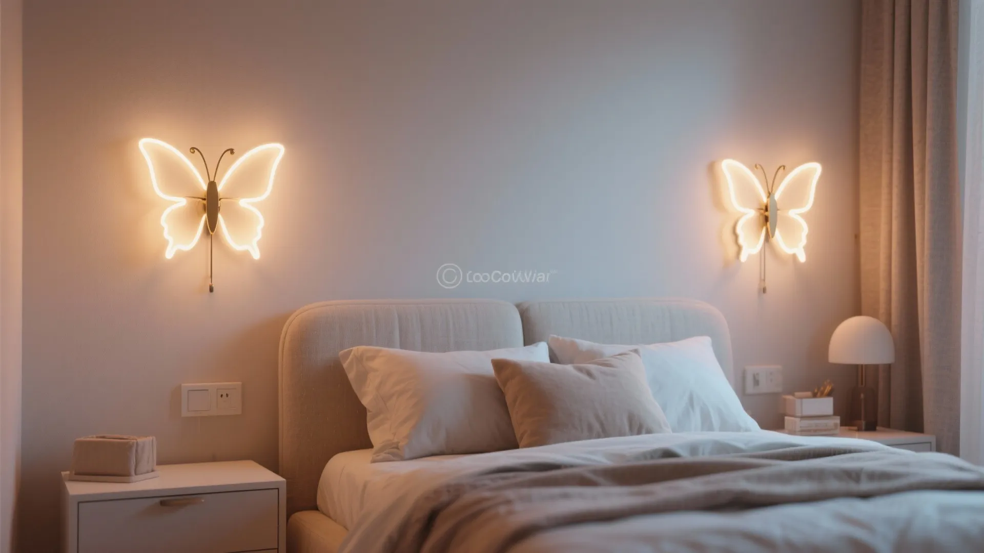 Cozy bedroom featuring two butterfly wall lights glowing above a bed with white soft pillows
