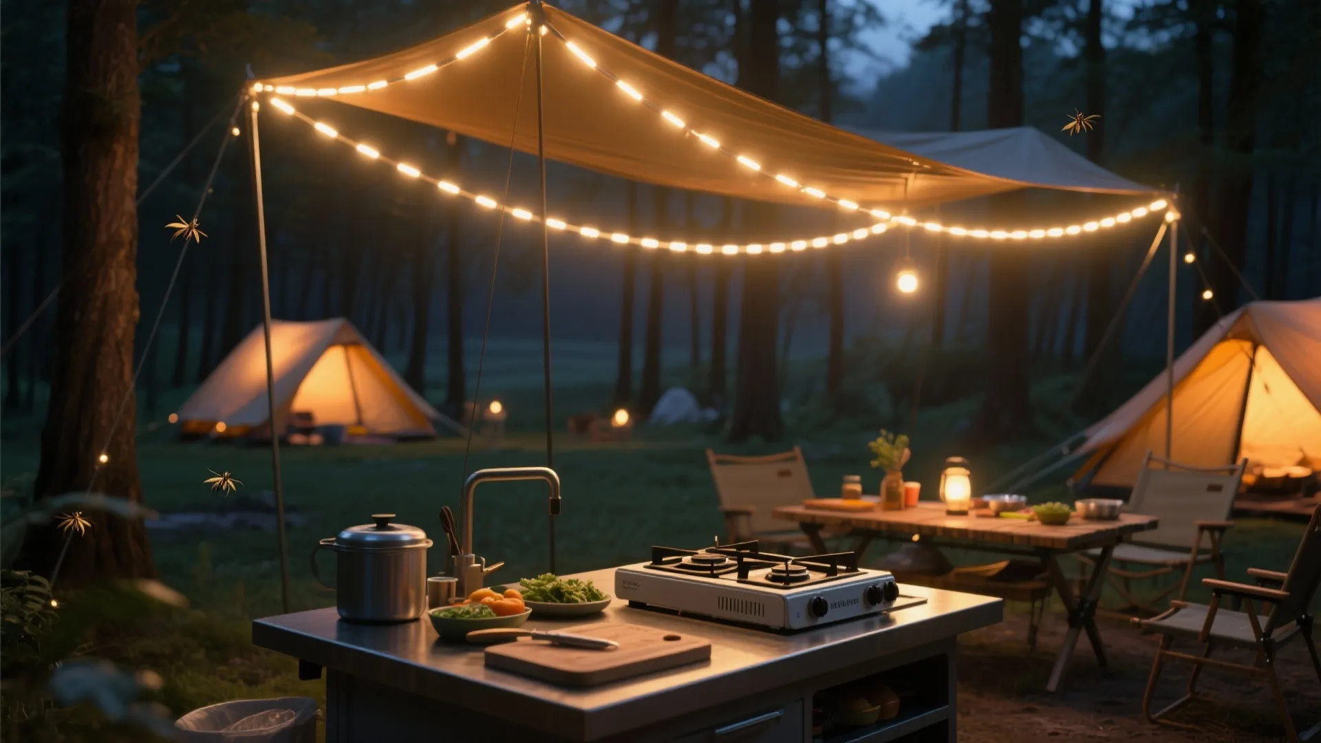 Outdoor kitchen area at night with string lights over a metal table and glowing tents