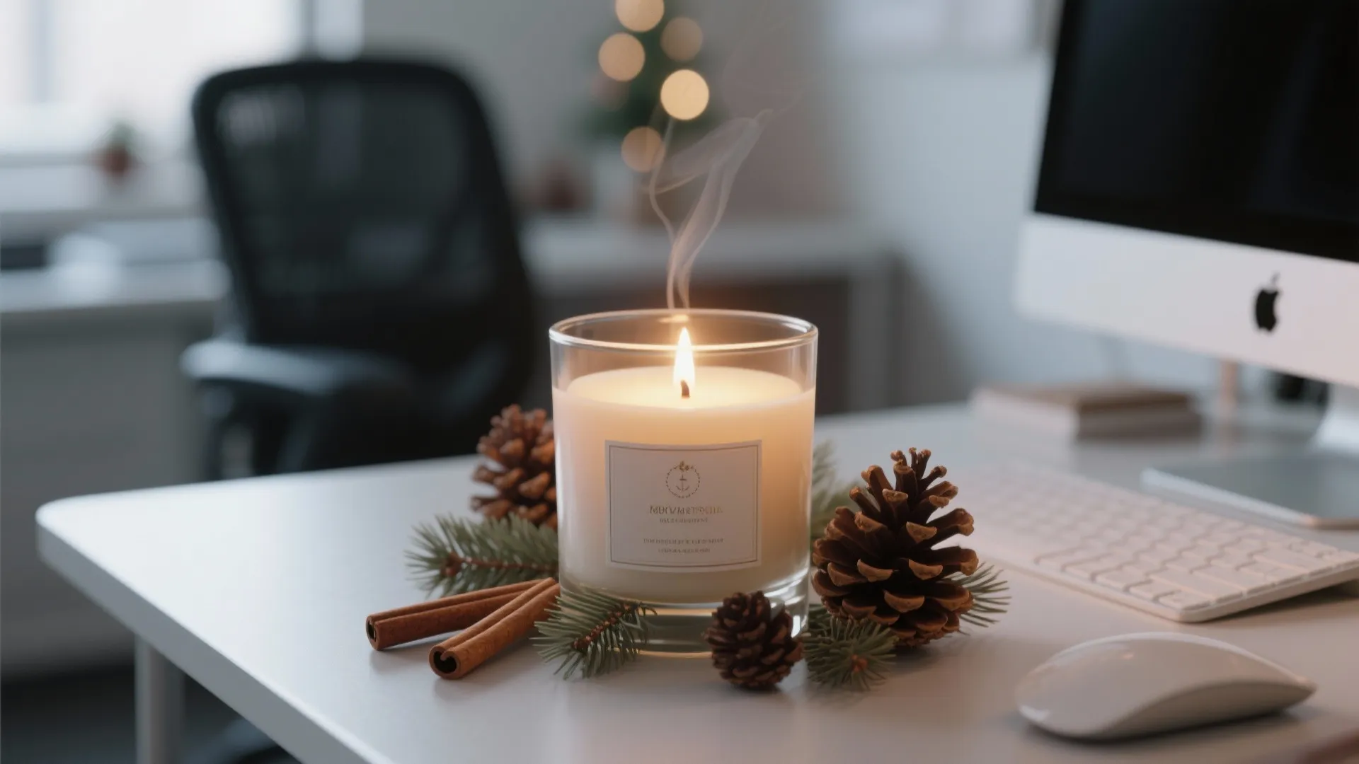 Lit candle in glass jar with pine cones and cinnamon sticks on white office computer desk