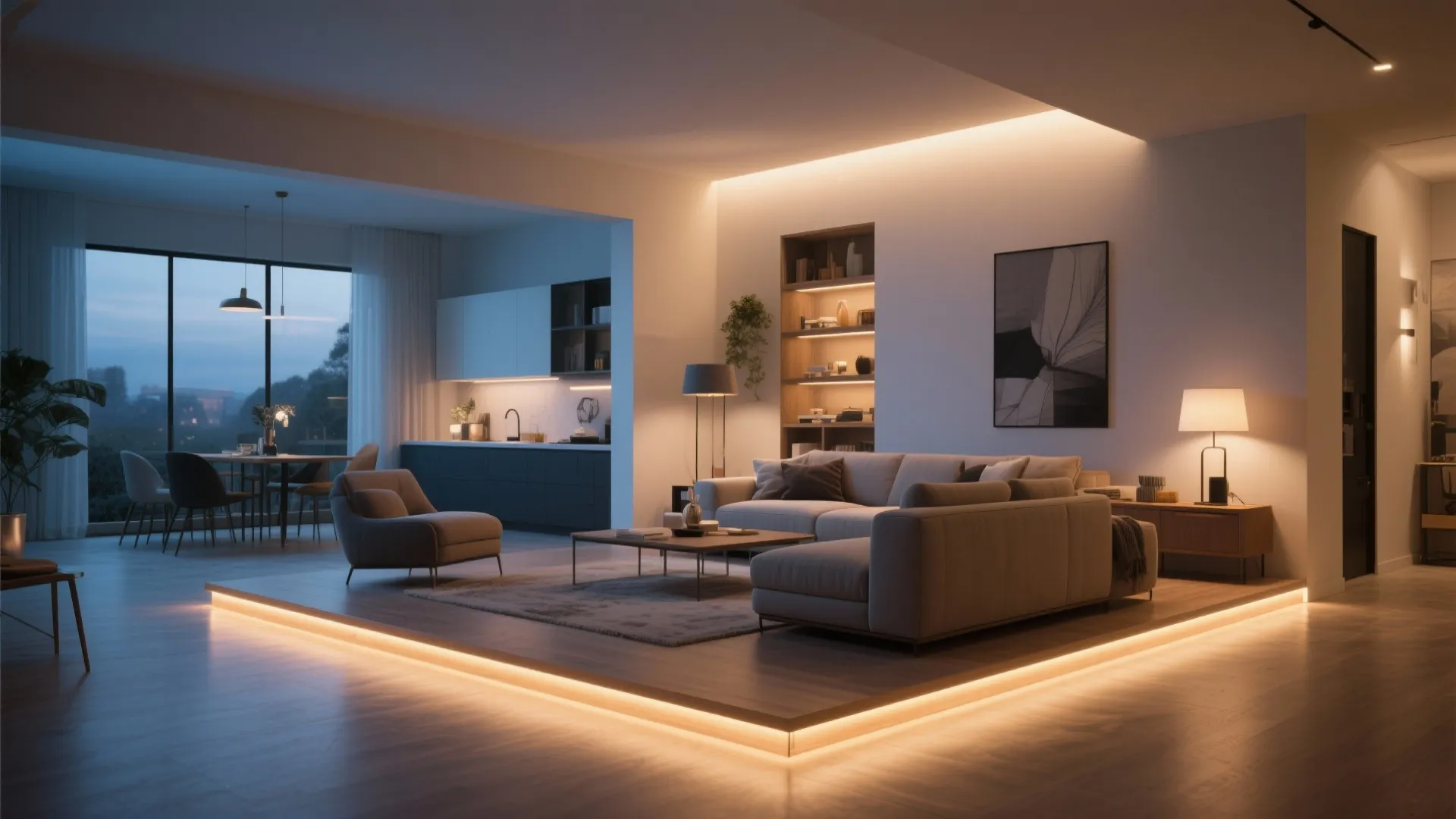 Modern living room with orange floor lights grey sofa coffee table and open kitchen layout