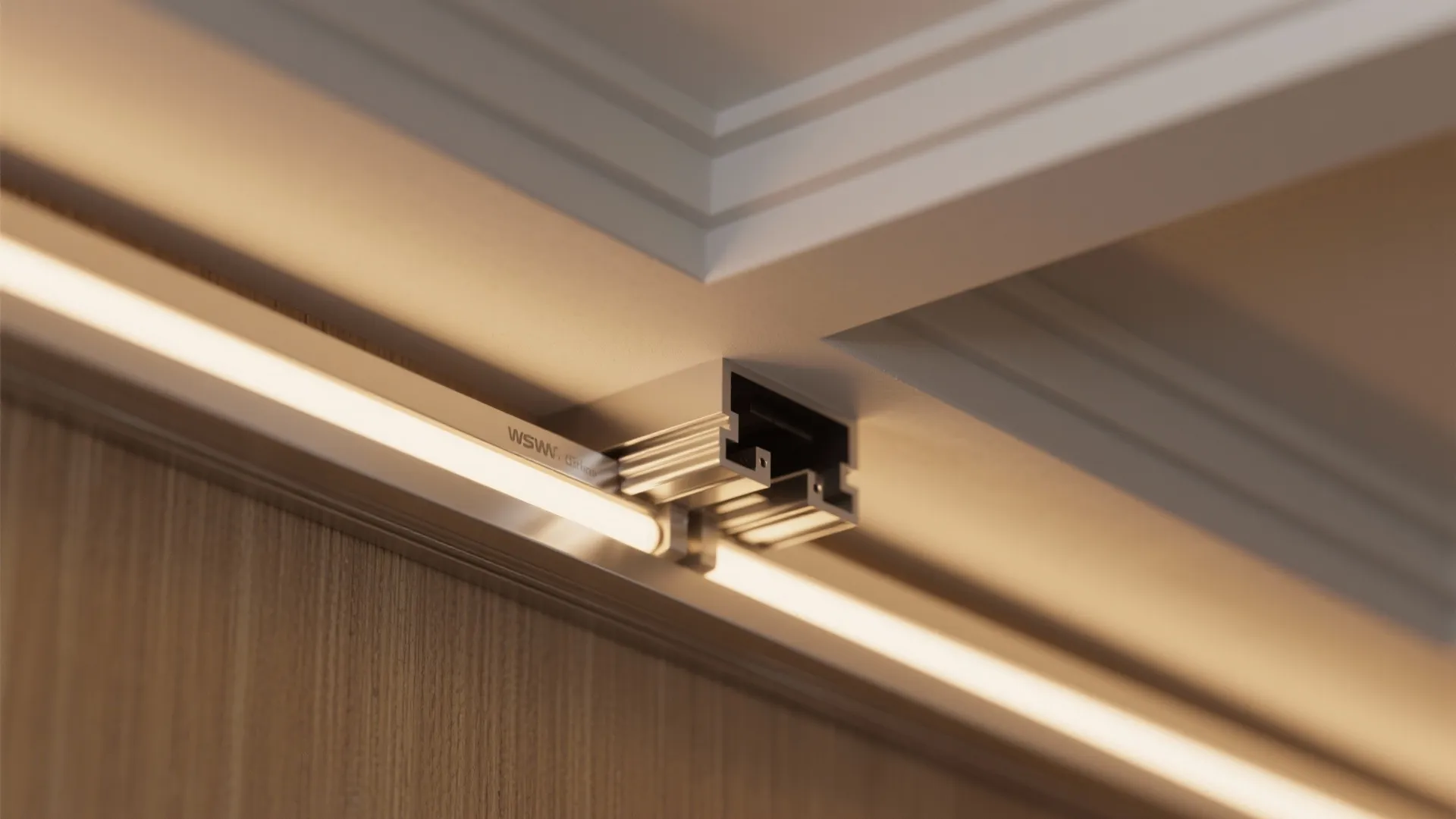 Close up of light fixture installed into white ceiling corner with warm light strip effect