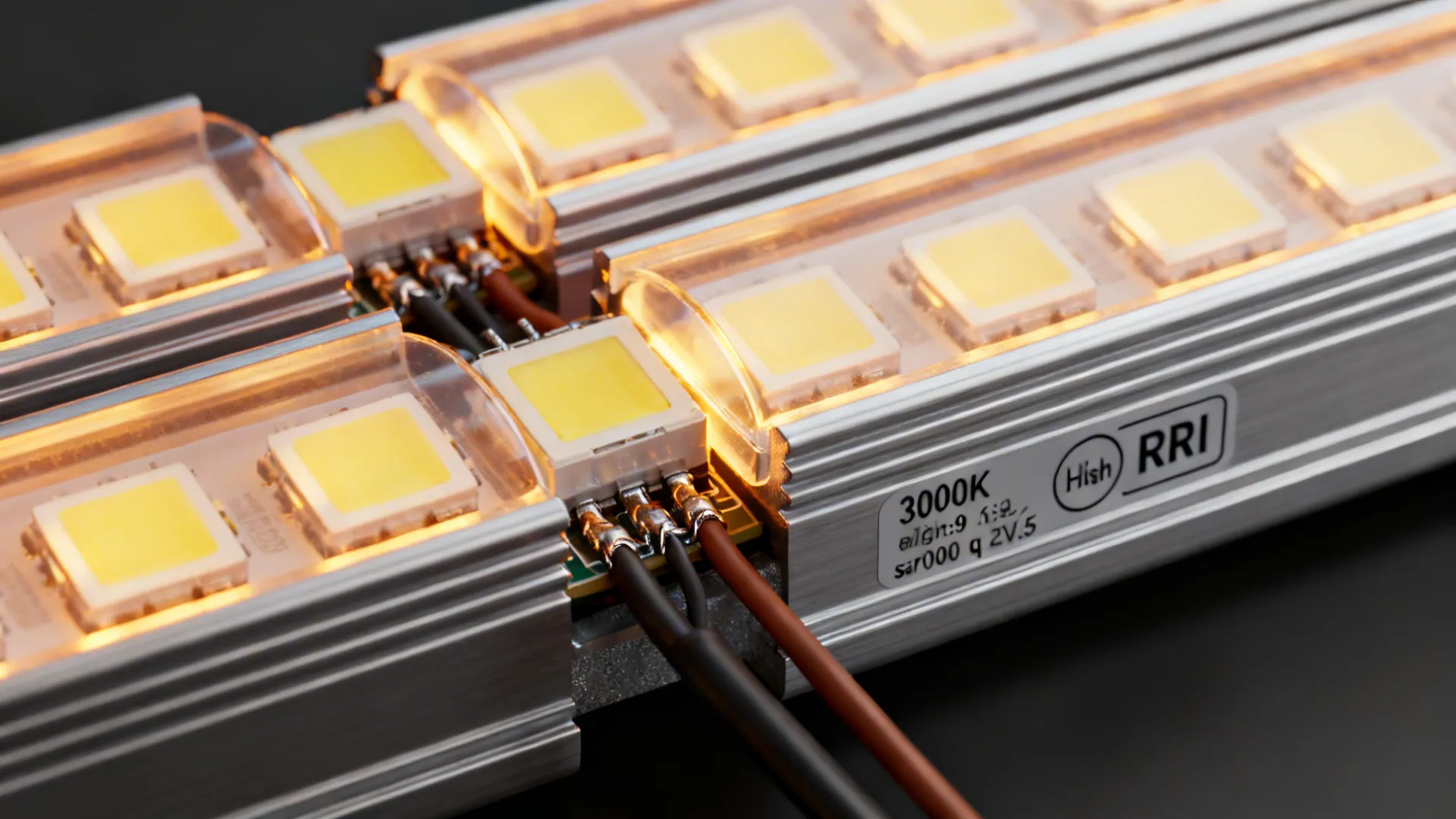 Close-up of LED strip fitted into aluminum channel with diffuser highlighting even light and high CRI.