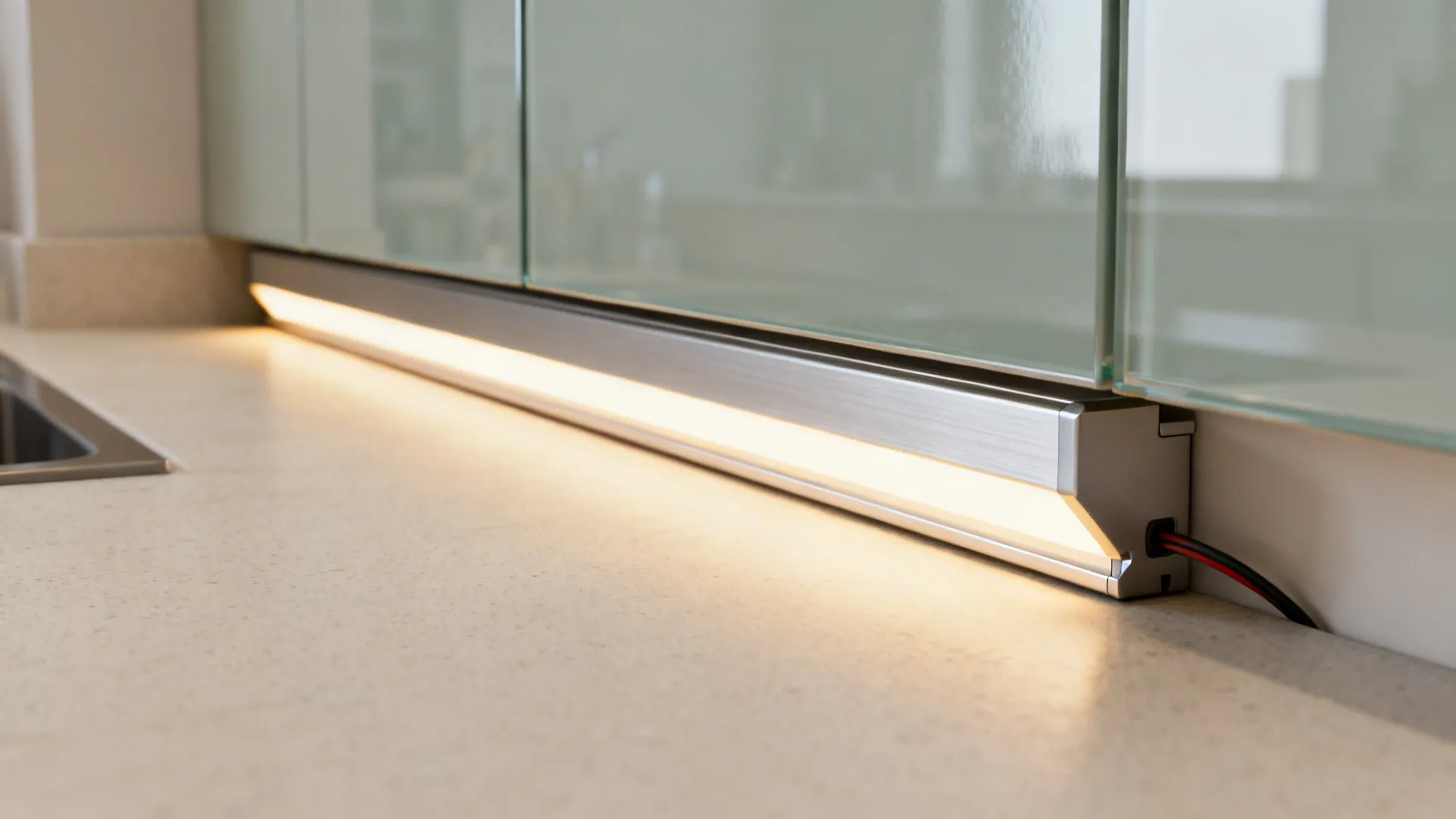 Macro of under-cabinet LED strip in an aluminum channel with diffuser.