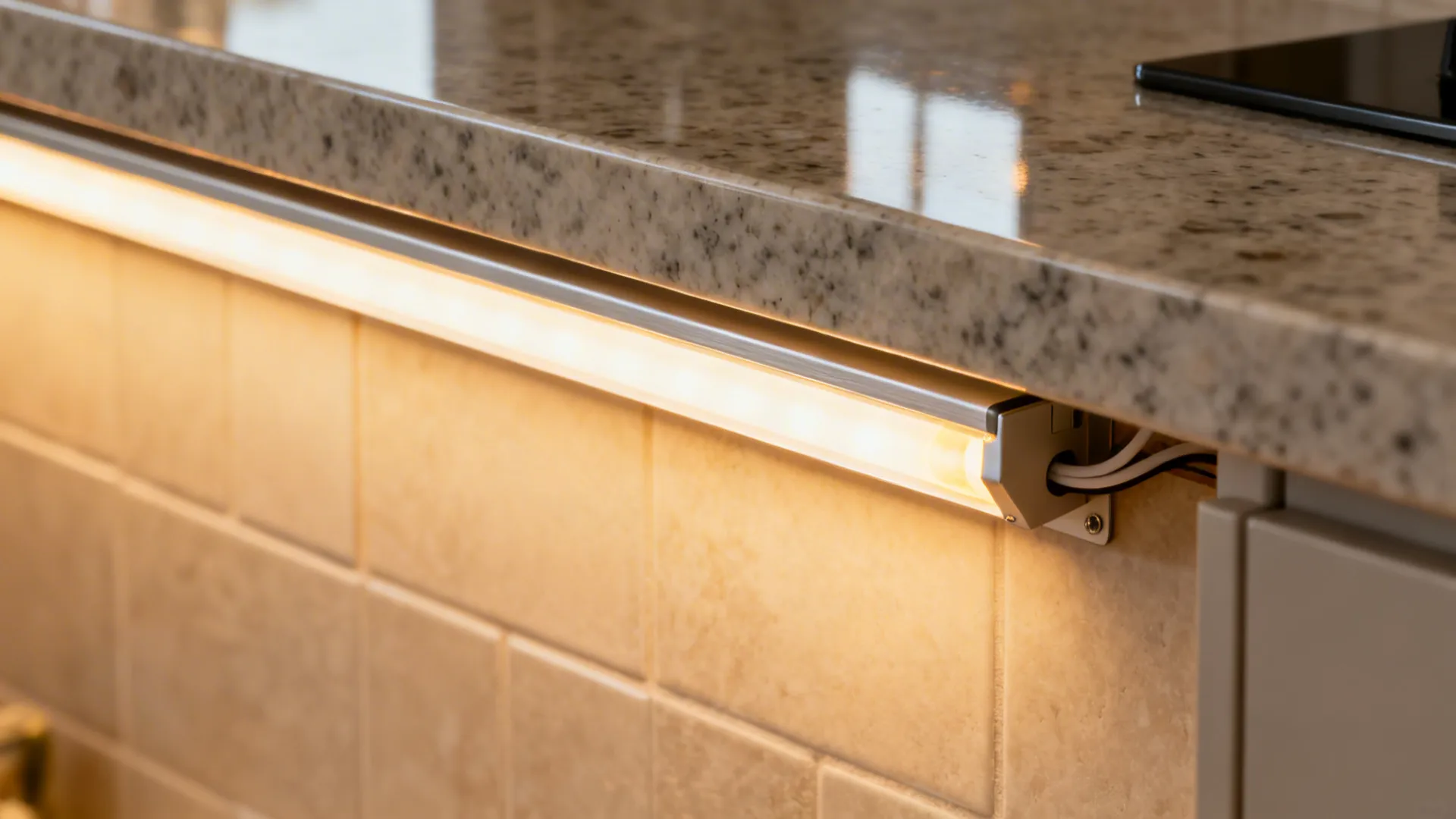 Macro of a 45-degree LED channel casting a warm, diffused light onto a honed countertop.