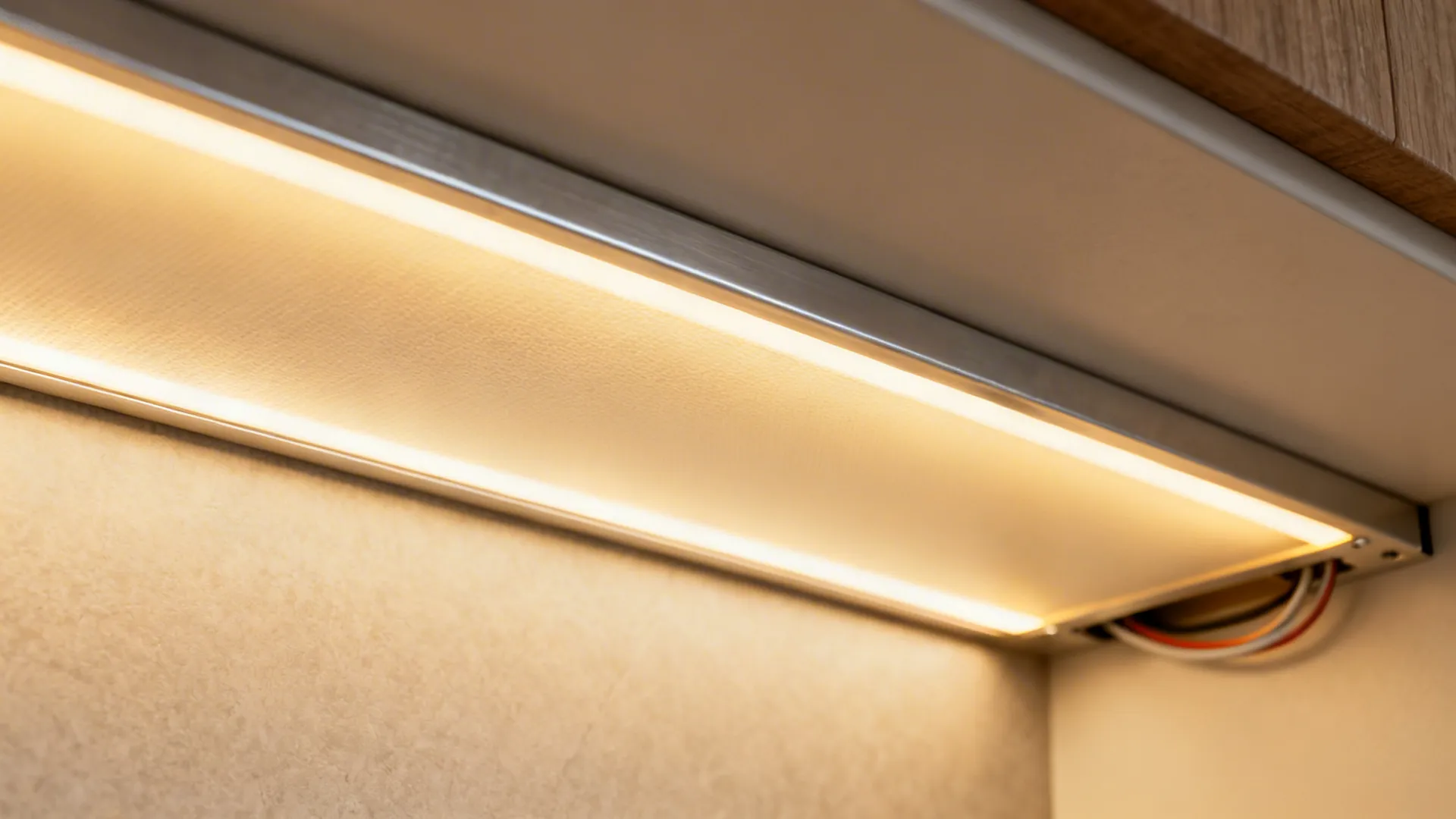 Close-up of an LED strip recessed in a diffuser channel casting even warm light.