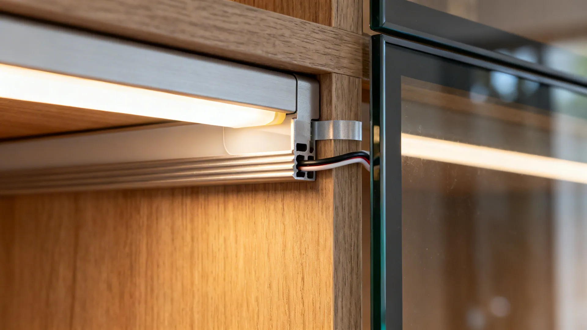 LED light strip installed inside wooden cabinet shelf with glass door and warm yellow light glow